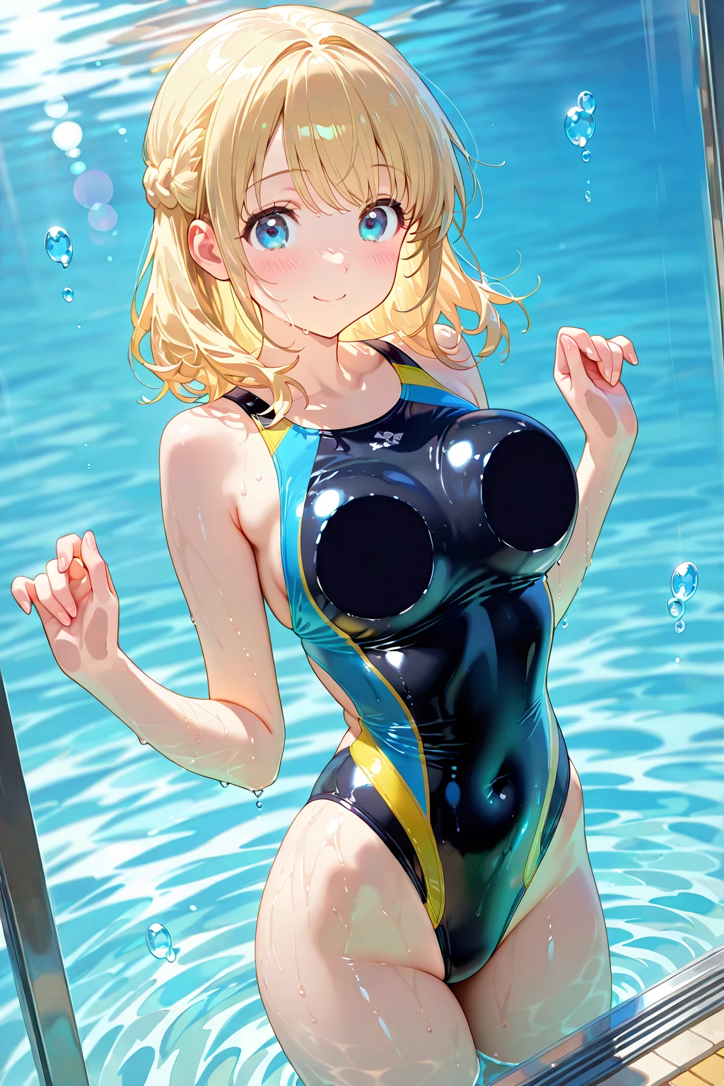 Korean Idol　Japanese Idols　Lovely little sister　Mature Woman　Huge 　((A navy blue school swimsuit that is so shiny it reflects light..))　(Round face chubby)　((plump))　((Blonde Short Hair))　((美しい星空と大きな月を眺めながらSwimming in the sea))　Swimming in the sea　Sweaty　((Sweat pours down))　((My face and body are sweaty and wet.))　((鮮やかな赤いルージュのplump唇))　((Eyes meet))　Duck mouth　((Watery eyes))　((Beautiful sweaty armpits))　((Slimy and shiny armpits))　((Mature woman showing her armpits))　((50 years old))　upper_Body close-up, look up　My cheeks are red and I&#39;m embarrassed　Watery eye