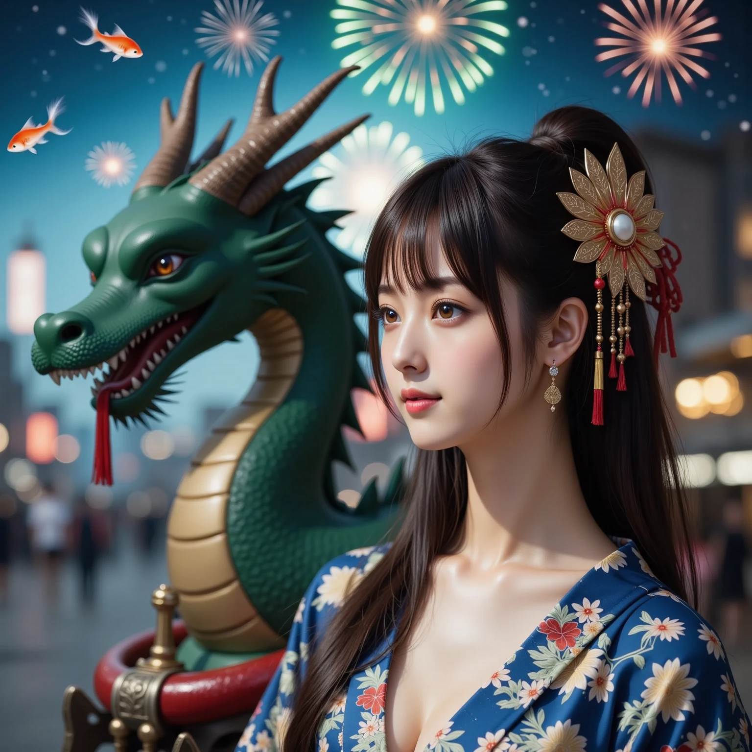 Asian woman standing with a large serpent chinese dragon all around her,fireworks,colorful,high detail,HDR,4K,beautiful,chinese dragon,