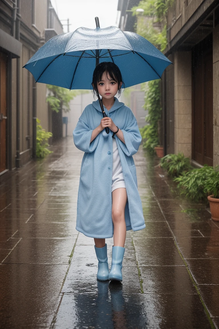 "Create an image of a young girl standing in the rain, holding a vibrant, patterned umbrella. The scene should be reminiscent of Studio Ghibli's art style, with soft, warm colors and a touch of magic in the atmosphere. The rain should be gentle, with droplets forming ripples in puddles on the ground, and the girl's expression should convey a sense of wonder or calm as she gazes into the distance. Surrounding her, the environment should feel lush and alive, with small details like glistening leaves and softly glowing lights adding to the whimsical charm."