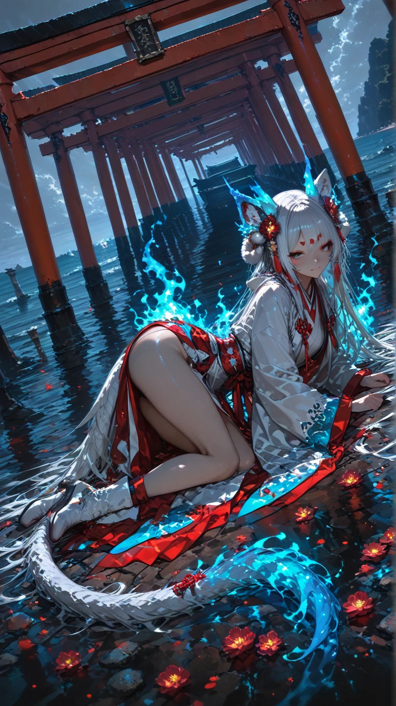 shenhe_\(genshin_impact\), hiten kei style, claude monet, oil painting, masterpiece, hyper realistic, realistic skin, best quality, 1girl, lakeside, huge breasts, huge nipples, erect nipples, looking at another, topless, full body, vector illustration, nipples, light smile, blunt bangs, long hair, stomach, navel, bare shoulders, white hair, braided, wet, soaked, raining, sarong, loincloth, black pantyhose, red tassel, magnolia leaves, autumn, sky, hands up, arched back, stretching, open mouth, bored, waterfalls, cliffs, falling leaves, resting, holding a spear, wet body, pouring rain