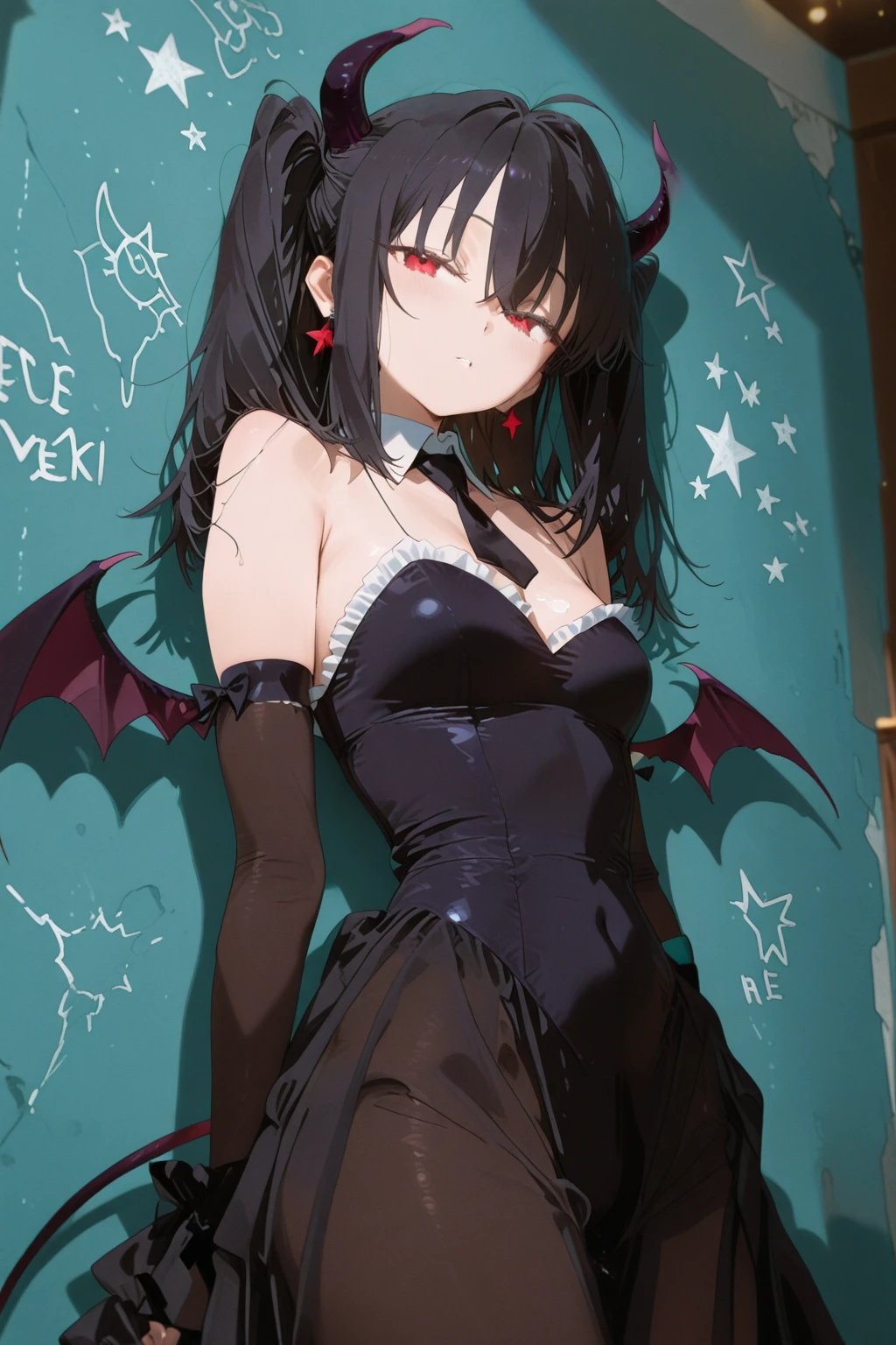 (High resolution:1.4), (masutepiece:1.2), (High quality:1.3) 1girl, saten ruiko, green eyes, long hair, black hair, small breast, (Succubus, sexy suit, Devil Wings, Body Paint),, cinematic lighting, pov, dynamic angle, open mouth, nsfw, Be ashamed, comiket_cosplay_Hiroba comiket_cosplay, N4