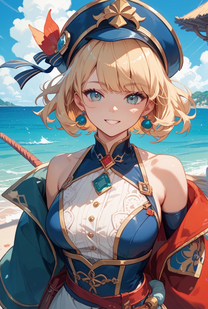 A girl, by the sea , selfie, large breast