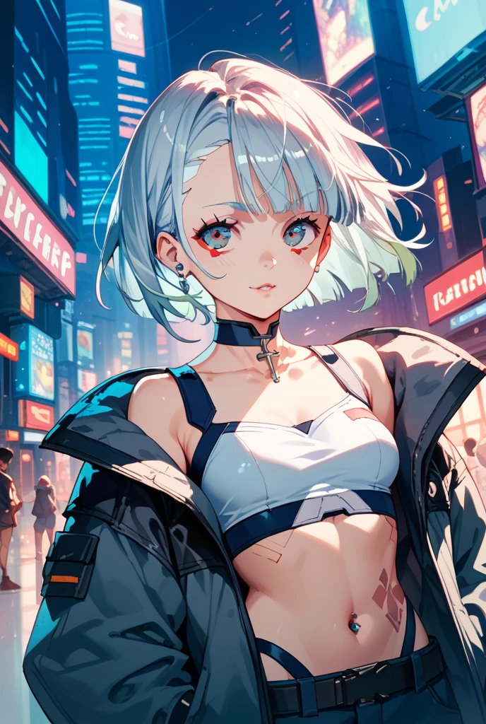 girl spacepunk,(((1girl))),((anime girl with extremely cute and beautiful white hair cat ears walking seductively down the street)),

(large breasts:1.4),saggy breasts,((((white wavy bob hair:1.35,messy hair, colored inner hair,ear breathing)))),((((cat ears,cat ears on head,big cat ears)))),((azure blue eyes:1.3,upturned eyes:1.3,perfect eyes,beautiful detailed eyes,rainbow glows ultra-detailed deep azure blue eyes:1.1,gradient eyes:1,finely detailed beautiful eyes:1,symmetrical eyes:1,big highlight on eyes:1.2)),((fat)),(((lustrous skin:1.5,bright skin: 1.5,skin tanned,shiny skin,very shiny skin,shiny body,plastic glitter skin,exaggerated shiny skin))),(spider lower abdomen,narrow waist,wide hip,athletic body,inflated legs,delicate detailed fingers,detailed body,detailed arms,human hands,(detailed face)),

cute,slutty,seductive,erotic,(((nsfw))),

zettai ryouiki,revealing clothing,show skin,((((underboob)))),(cleavage),(semi-naked,with little clothing,((tiny thong)),bare legs,visible thong straps),((((dark red crop top hoodie,cropped hoodie,hoodie,hoodie intricate)))),((detailed outfit,detailed clothes)),

(dynamic pose:1.0),solo focus,embarrassed,centered,scale to fit dimensions,Rule of thirds,

outdoors,((night view)),(very pretty city neon synthwave,cyberpunk night street Background:1.5,dark sky,thick clouds),future vehicles,((neon lights)),thick clouds,(cyberpunk style,neon lights, (synthwave theme background),  street),(((detailed background:1.25))),

(best quality),(high resolution),(sharp focus),(ultra detailed),(extremely detailed),(extremely high quality artwork),8k_wallpaper,(extremely detailed CG 8k),(very fine 8K CG),((hyper super ultra detailed perfect piece)),flawless,(((masterpiece))),illustration,vibrant colors,(intricate),High contrast,Selective lighting,Double exposure,HDR (High Dynamic Range),Post-processing,Background blur,