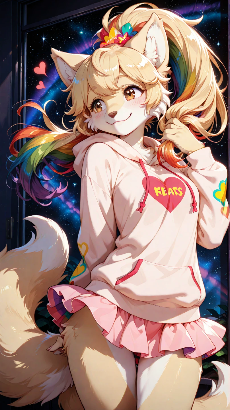 uploaded the e621, beautiful and detailed, woman (((female))) ((anthro)) Fox, (Averi, Fox girl), cinematic lighting, Fox, (anthro, fluffy fur), anthro fox girl, body fur, curvy, sexy, nice, cute, hot, comfortable anime-style cartoon-style, digital drawing, SFW, flat chest, chest fluff, blushing, green eyes, sassy, sassy hips, cute friendly smile, nebula, in space, heart, hearts, speech bubble, looking at viewer, Ross Tran, ruan jia, by Kenket, by zero-sum