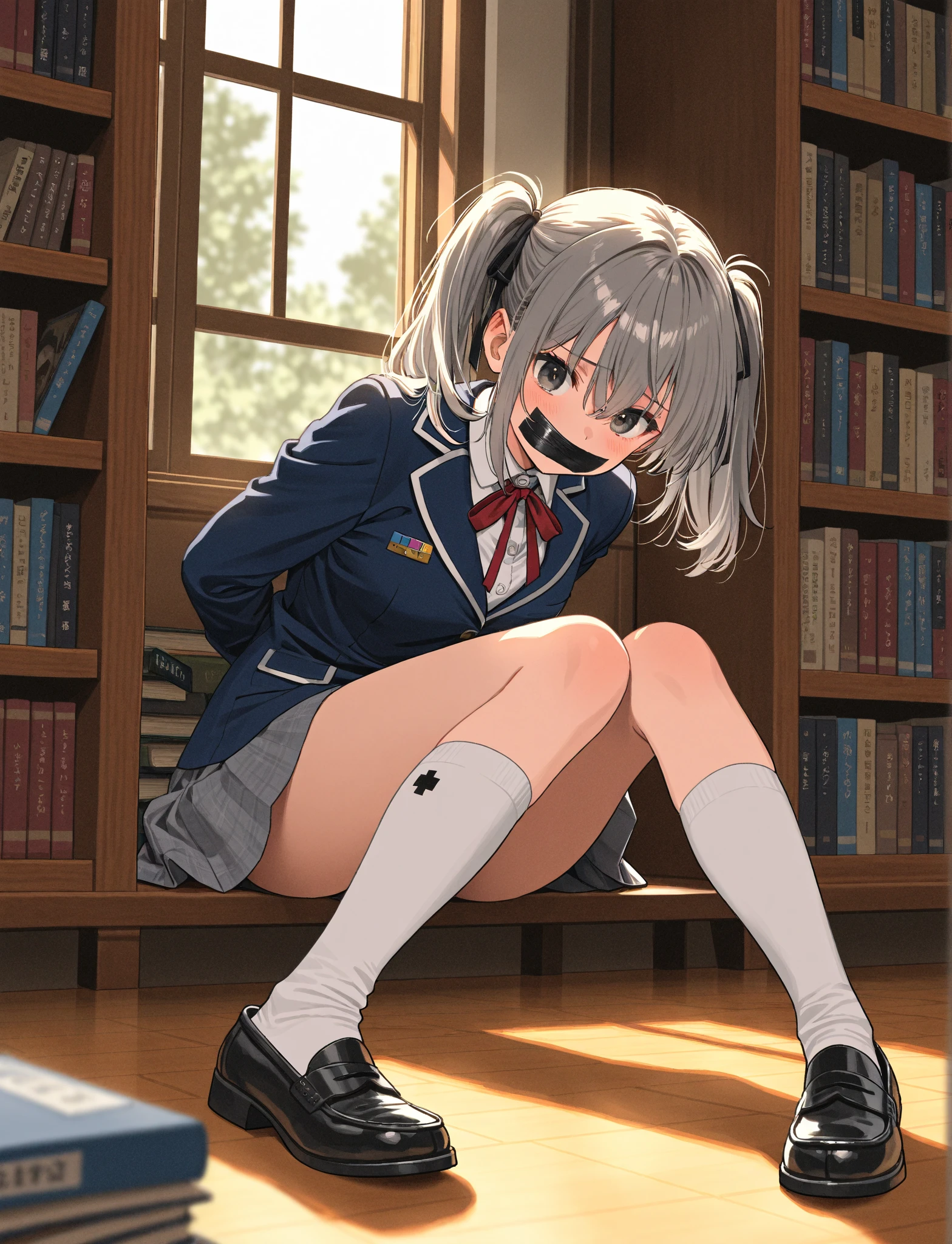 (masterpiece, best quality), 1girl, <lora:eines_20240212_2:0.8> eines, white shirt, blue ribbon, grey skirt, boots, socks, frills, eines,