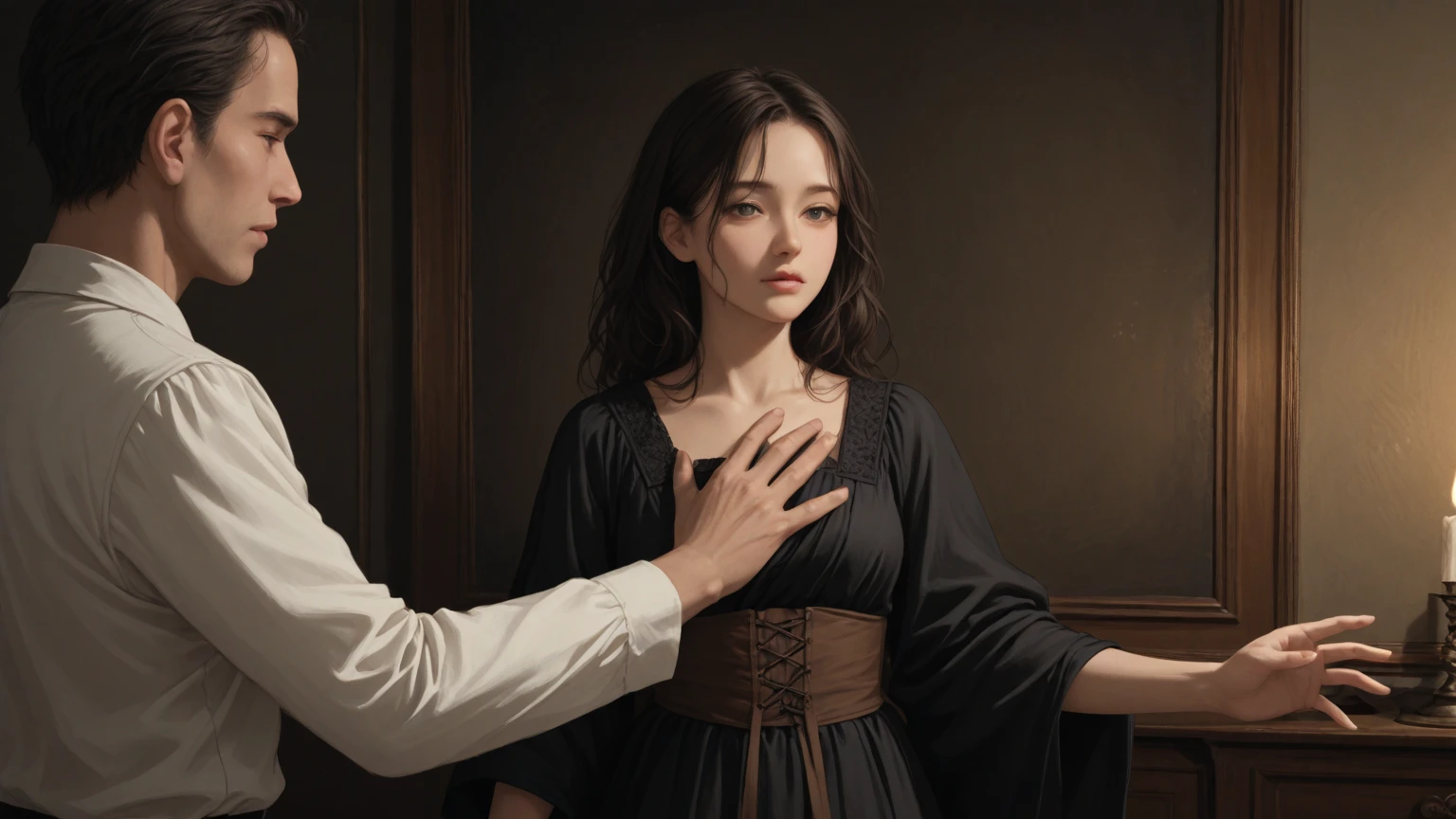 "The cold hand of a ghostly figure touching the shoulder of a terrified person