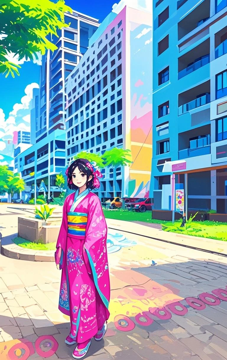 A lovely woman (miniskirt, rainbow hair, tube top, parasol) is a tourist in Japan, she is walking through a park while the cherries are in bloom, view from behind

