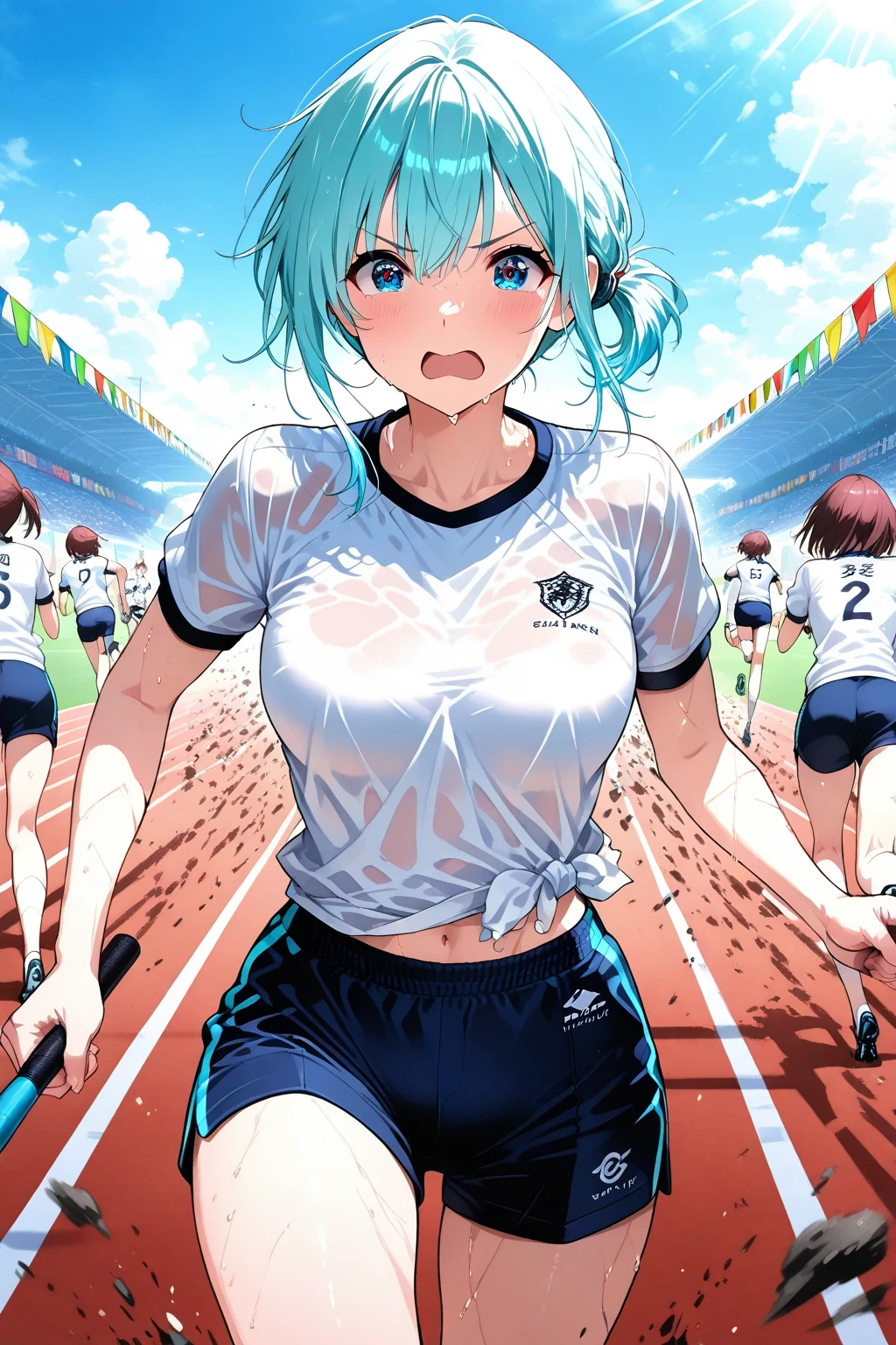 NSFW,masterpiece,Highest quality,High resolution,Super detailed,Star Town Suisei\(Hololive\),Blue Hair,One Side Ponytail,Blue Eyes,Small breasts,Track and field club,Descente Bra Top,Descente One Point Shorts,Streaks,Athletics Stadium,truck,blush,(In heat),Expecting face