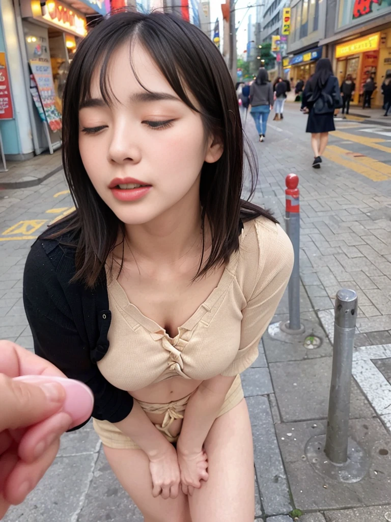 Shirt lift、((Japanese 、Downtown Kyoto、walk、Upper Body、Light blue shirt、mini skirt、Knee-high socks、loafers、Black Backpack、Photograph the whole body))、(Realistic、Photorealistic、Ultra-detailed、Highest Detail Skin、highest quality、masterpiece、超A high resolution)、Cute Japanese Woman、17 years old、One Girl、Has bangs,(Nipples),,smile