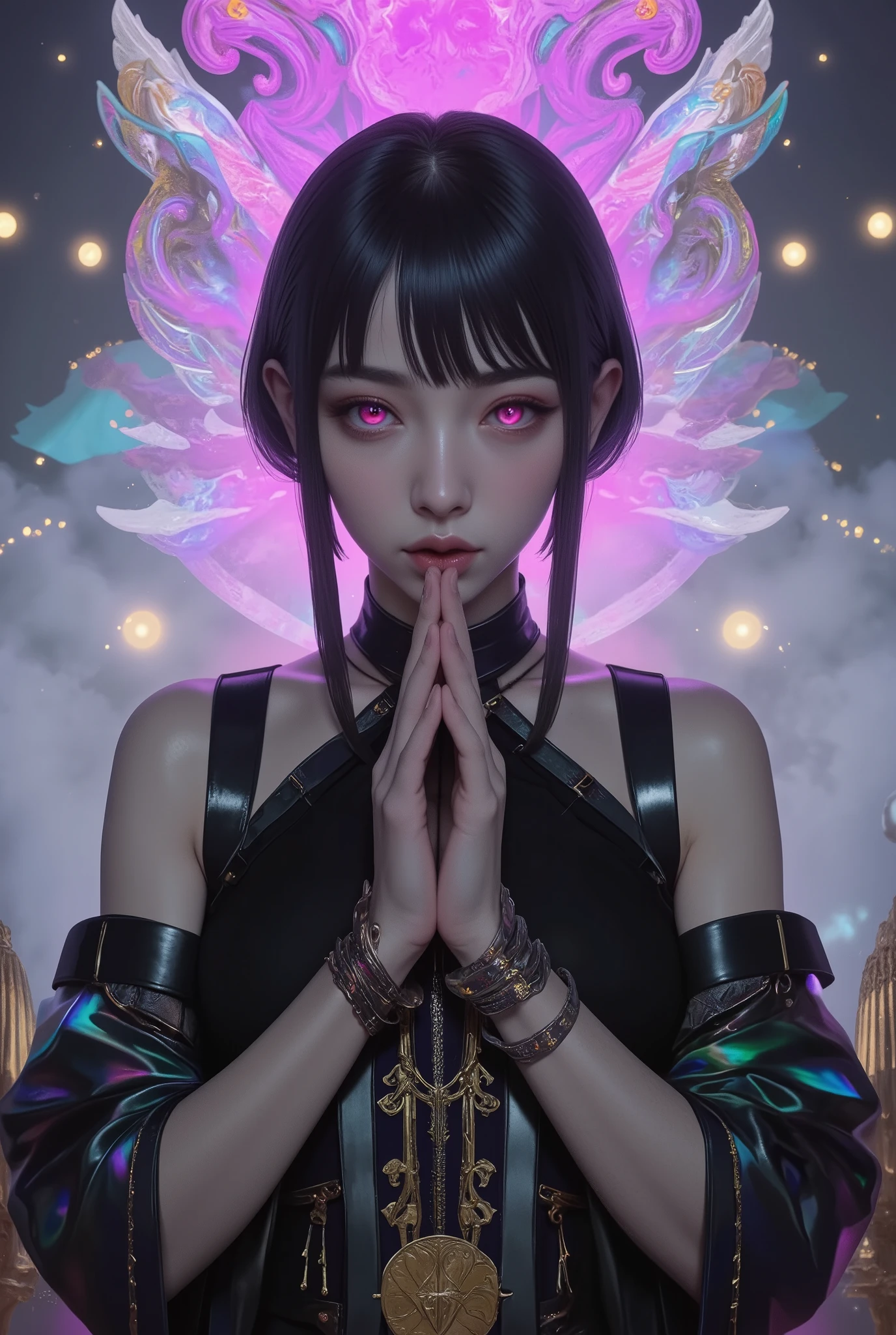 (best quality, 4k, highres, masterpiece:1.2) , ultra-detailed, (realistic, photorealistic:1.37), A surreal, hyper-detailed portrait of a mystical oracle girl, mysterious and beautiful female humanoid creature with glowing pink eyes embedded in its iridescent armor, she stands in silence, her hands interlocked in front of her chest, fingers tightly woven together as if in solemn prayer, creating a sense of sacred restraint, entwined hands, prayerful pose, joined hands with fingers locked together, elegant futuristic kimono with gold accents, monochrome color scheme, dramatic studio lighting, ultra detailed, by H. R. Giger and Yoji Shinkawa, anime style render The background is a misty astral dreamscape, floating with symbolic runes, ethereal lights, and echoes of ancient whispers. Dark fantasy meets bio-surrealism. Inspired by H. R. Giger and Zdzisław Beksiński.