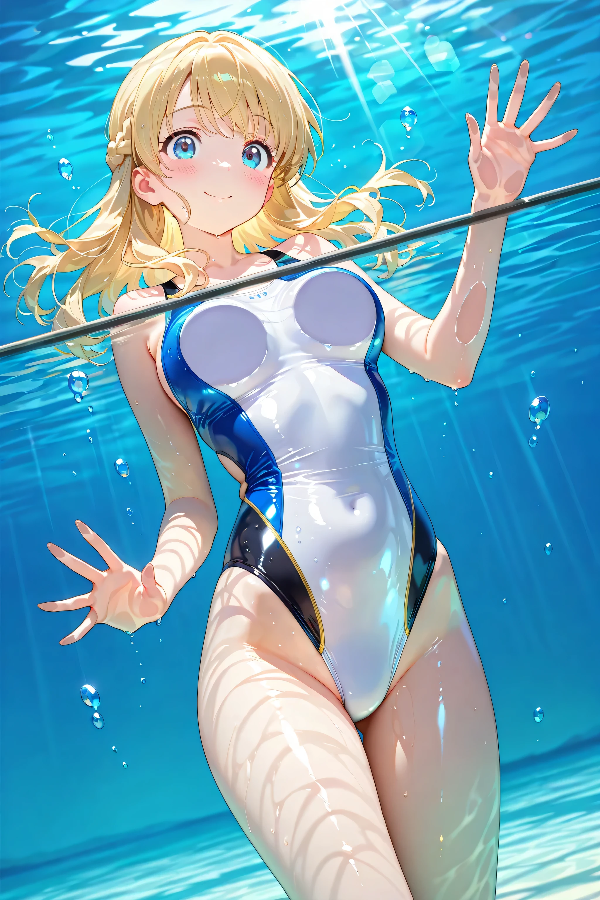 Second dimension beautiful girl And soul white competitive swimsuit Nipples showing through Slender body Blonde Spread your legs Wet lying by the pool There's only one person here Embarrassed expression cameltoe