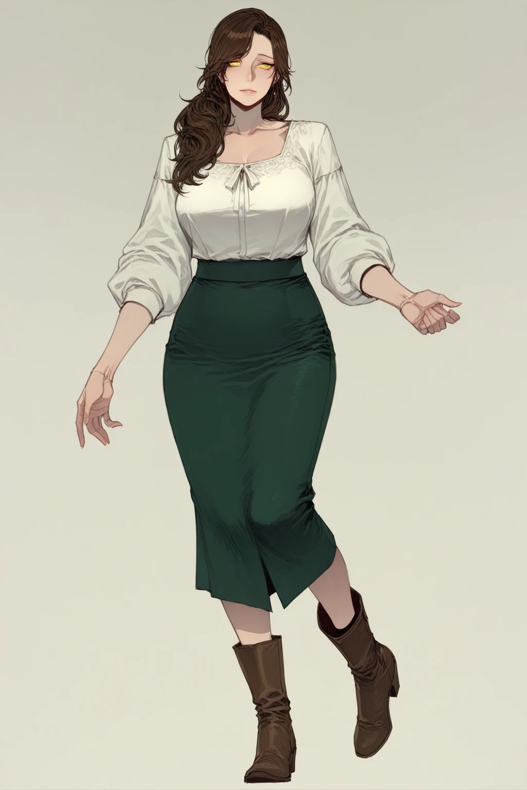 photorealistic, high resolution, masterpiece, best quality ,ultra-detailed, 1women, (medium breast), hair bun , jesmine flower on the head, mature female, solo, hips up, (wearing acmmsayarma outfit, acmmsayarma white top with buttons, long sleeves), ((acmmsayarma green long skirt)).