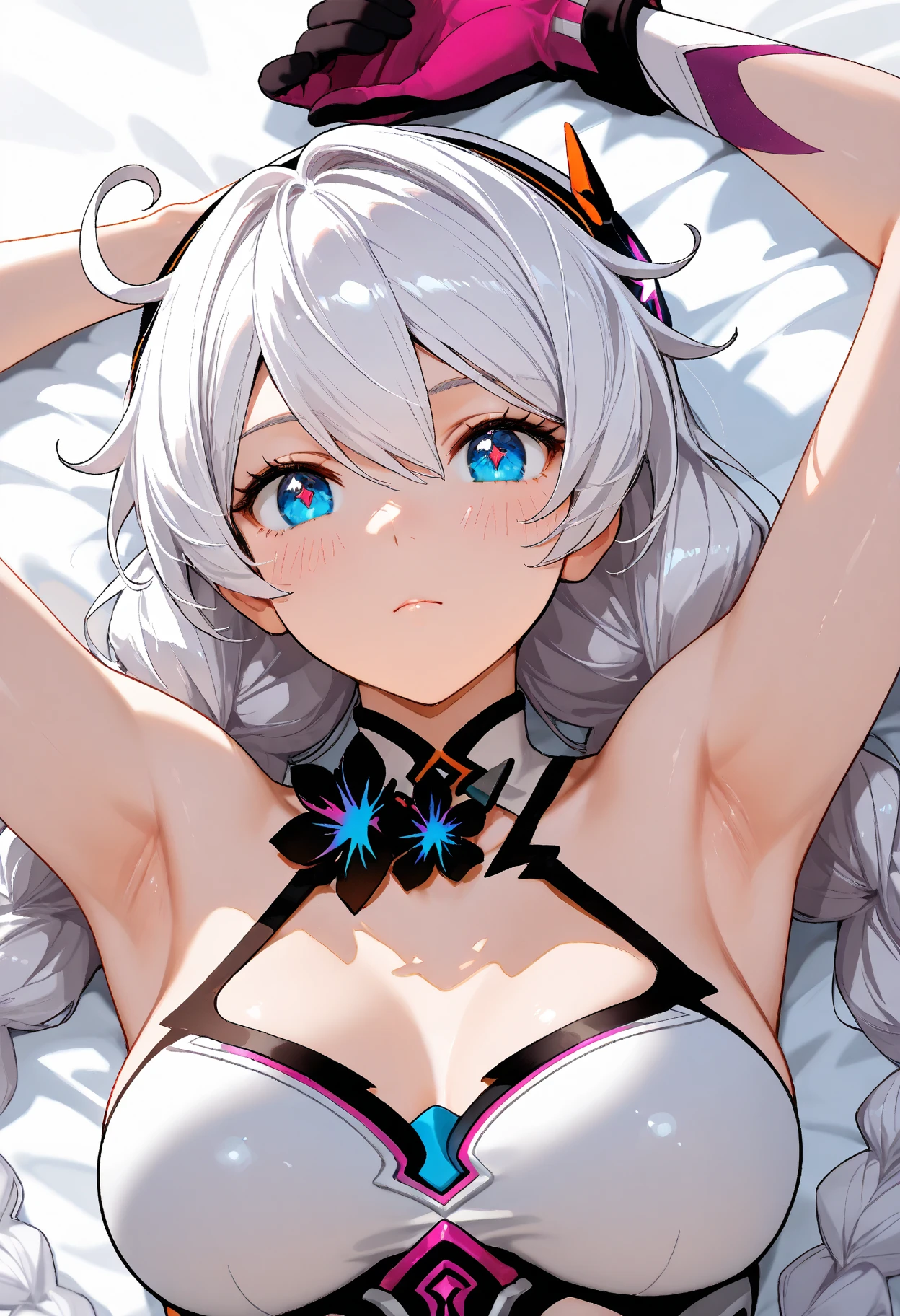 1girl, white hair, purple eyes, bob cut, wavy hair, average breasts, blush, light smile, glow, thighs, bare shoulders, collarbone, narrow waist, cleavage, (masterpiece), (beautiful detailed face, beautiful detailed eyes), bedroom, night time, lying on bed, arms up, (from above view), (white lace lingerie, garter belt), hands behind head,
