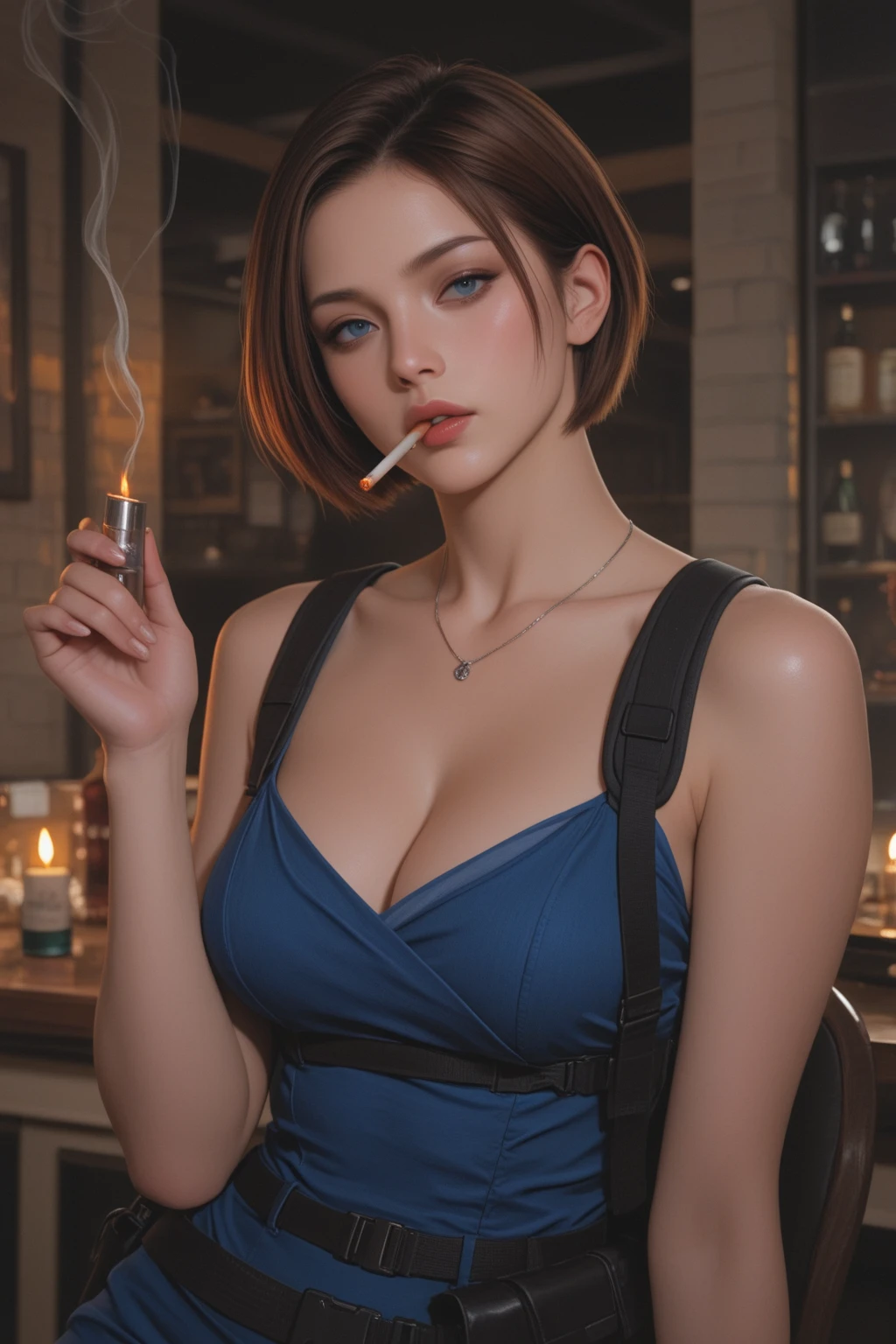 (highest quality,4K,8K,High resolution,masterpiece:1.2),tie the waist and legs with rope、Beautiful woman sitting on a bar stool with her hands tied, ((Powerless expression)), Dog collar, full body wide shot, sad. highest quality, 4K, High resolution, Super detailed, realistic, beautiful woman with fine eyes, detailed lips, Fundo, and a very detailed face; long eyelashes; tied to a bar stool; Her hips and spread legs are tied to a chair with rope; tie one's hands; medium similar to illustration; Additional details such as an elegant dress, bright makeup, and a Powerless expression; bright colors; dark lighting; Focus on facial features and emotions,NSFW,masterpiece,at the bar,detailed background