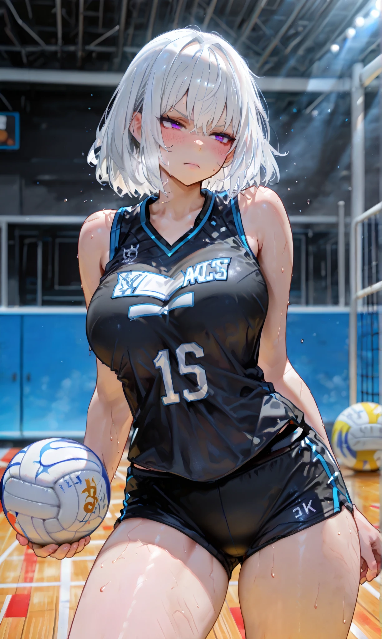 1girl, white hair, purple eyes, bob cut, wavy hair, average breasts, blush, glow, thighs, bare shoulders, collarbone, narrow waist, cleavage, (masterpiece), tight volleyball uniform, wet clothes, sweat, volleyball court,