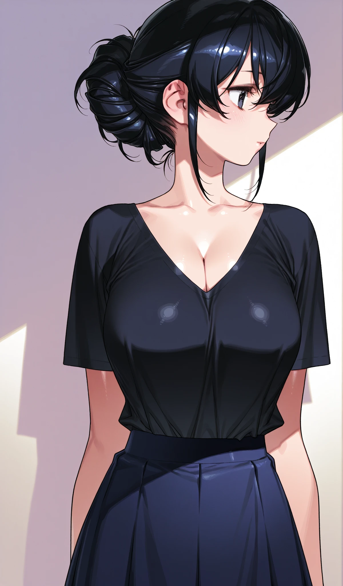 1 milf, ponytail hair, wearing a black tank top that showing her cleavage, facing forward 