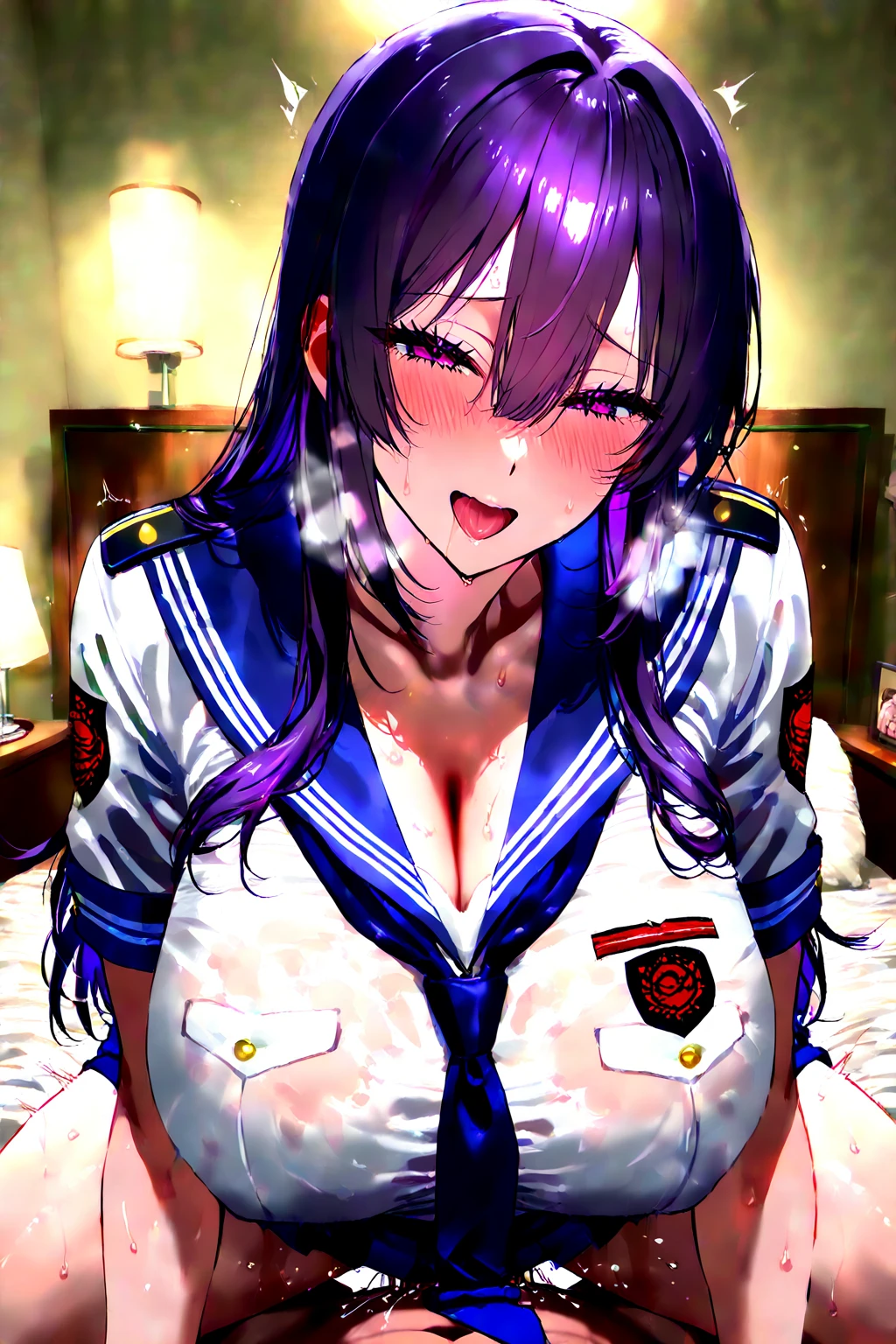 masutepiece, Best Quality, Very detailed_nffsw_Unity_8K_ Wallpaper, girl, Solo, Misato Katsuragi, Brown eyes, Indigo hair, huge tit , Cross Necklace, Red jacket,top-quality、bedroom、pubick hair、round breast、(hands behind head:1.1)、(hairarmpits:1)、 elegant body、masterpiece, super fine illustration, best quality, light particles, ultra-detailed, 8K wallpaper, (bright colors:1.2), solo, (a girl), small breasts, (black long hair), straight hair, shiny hair, shiny skin, delicate linestailed face, (hairband, school uniform, bottomless), nipples, loafer, sox, orgasm face, extremely beautiful blue eyes, shiny eyes, closed eyes, arched back, orgasm face, O-fa