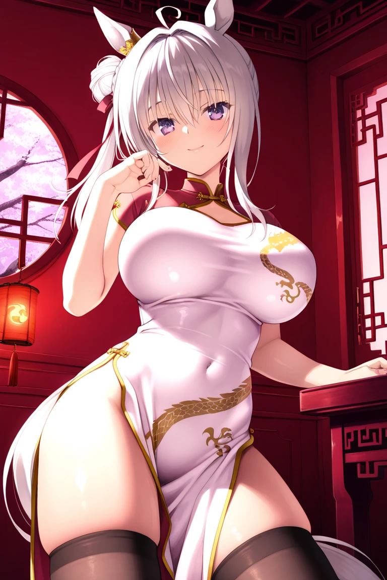 pure，elegant and charming，smile，in love，(Colorful Hanfu，Meticulous and beautiful design)，black gloves，silver hair，blue eyes，See through transparent clothes，Stylish hair accessories，Transparent lace，Carving pattern，dress nicely，The background is an old Chinese palace.，inside the hall，elegant gesture，nighttime，carved boots，The details are amazing.，sacred magic，light particles，The face and eyes are exquisite and beautiful., big breasts,Show your breasts,The cracks are clear...,((big tits))，(pubic bone), rift, visible chest, ((bare breast:1.37)), I see bulging nipples.,(((large areolae:1.4,pink,The nipples are clearly visible.....))),