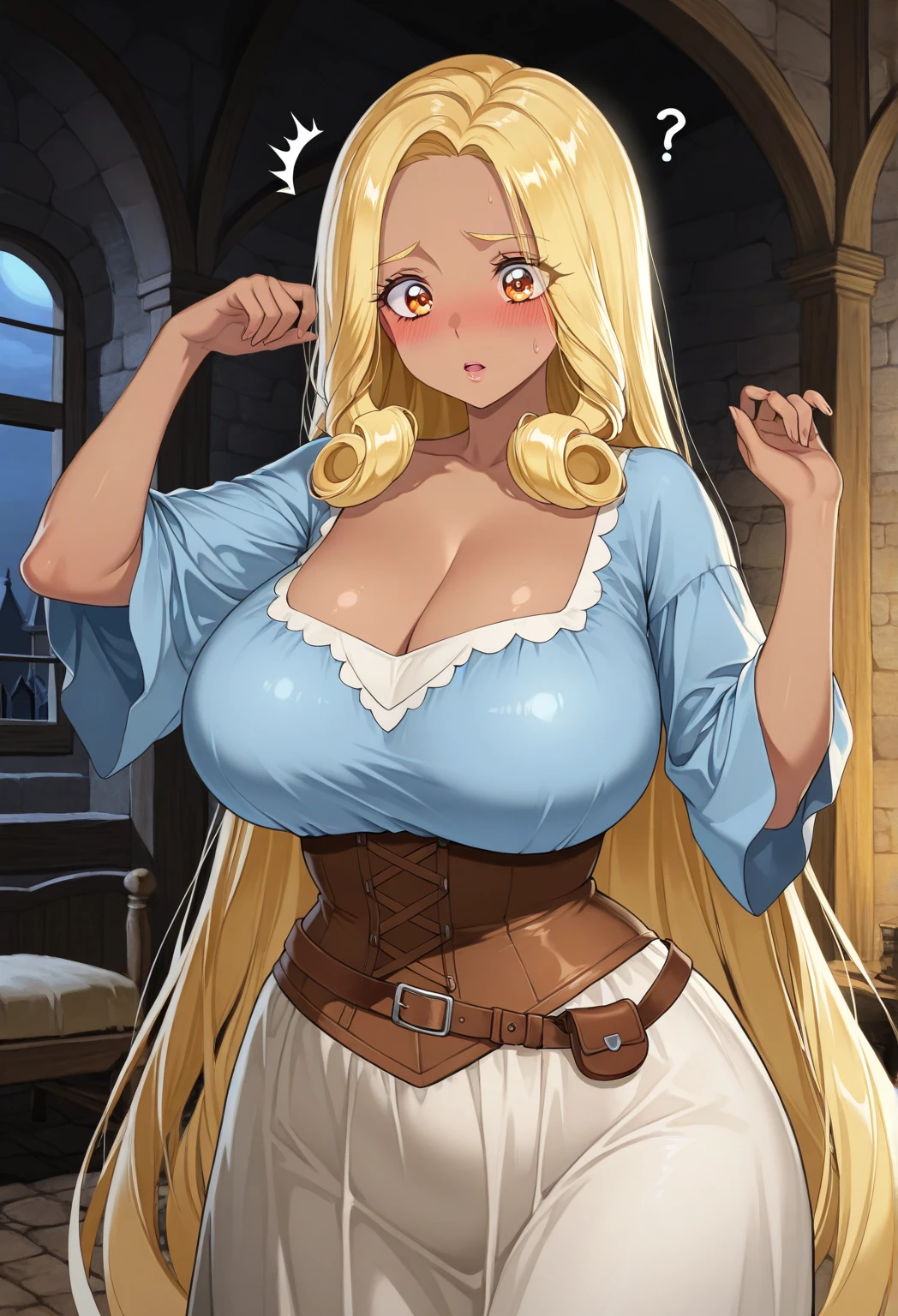 masterpiece, best quality, looking at viewer, upper body, portrait, looking at viewer, seductive smile, put your hands behind your head, armpits, armpits visible, sweaty armpits, Junko Enoshima, very large breasts, blonde hair, blue eyes, ponytail