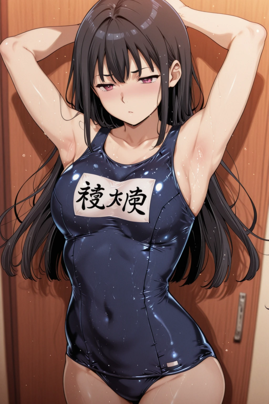 (masterpiece:1.3), (ultra detailed:1.2), beautiful detailed eyes, ultra-detailed,
ceiling, sit astride, girl on top,
very long twin tails, brown hair,
((flat_chest, fat, curvy)),
((school swimsuit)), Highly detailed glossy skin, Dark blue one-piece swimsuit, (Swimsuit with wet and shiny details: 1.2),
Wet and shiny thighs, evil grin, Crab crotch, Extensive_feet,