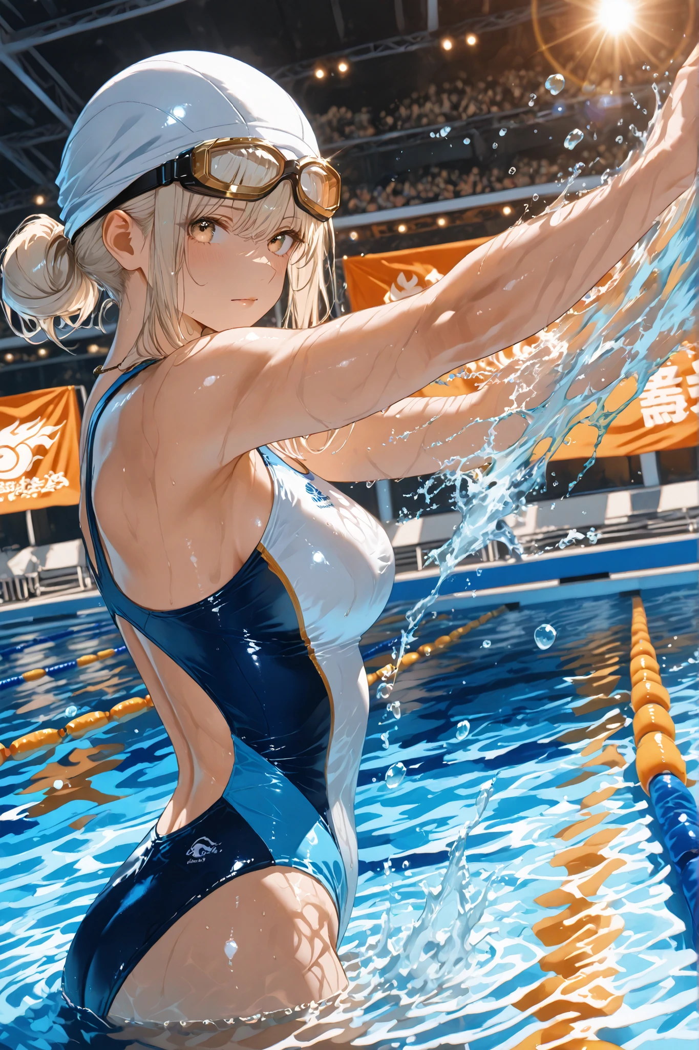 masterpiece, super detailed, High Quality, 1 girl, Competitive swimmer, Teenage Girls, Athletic Build, Streamlined Swimming Forms, Perfect Freestyle Strokes, Professional Swimming Techniques, racing swimsuit, Sophisticated Competition Swimsuits, swimming cap, Professional Goggles, dynamic splashes, Leading Positions, Lead the Competition, Championship Pool, Olympic Swimming Lanes, Lane Dividers , See Underwater Views, Water Ripples, speedline, motion blur effect, Side view configuration, Dramatic Side Angle, Professional Swimming Venue, Stadium Atmosphere, Cheering Crowds in the Background, School Sports Festival Banners, Summer atmosphere, Clear water, Bubble Trail, determined expression , Muscle definition, Strong Arm Movement, Water flow effect, Dynamic Action Shots, exposed bandage visible through torn sleeves, lens flare, Reflection of water surface, Competition Lighting, School Uniforms That Look Poolside, Sports Photography Styles, moment of victory, Trending at Art Stations.