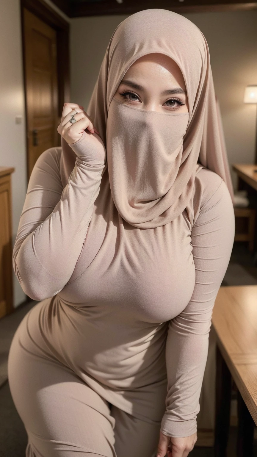 4K, high quality, nice lighting, soft lighting, realistic, dark eyes, sexy, big breasts, thick thighs, wide hips, muscular, malaysian black dress, long sleeve, Jewelry, sexy lady, asian, hijab, niqab, sexy pose, showing big thighs, nice body, natural largest breast, WEARING WEDDING RINGS