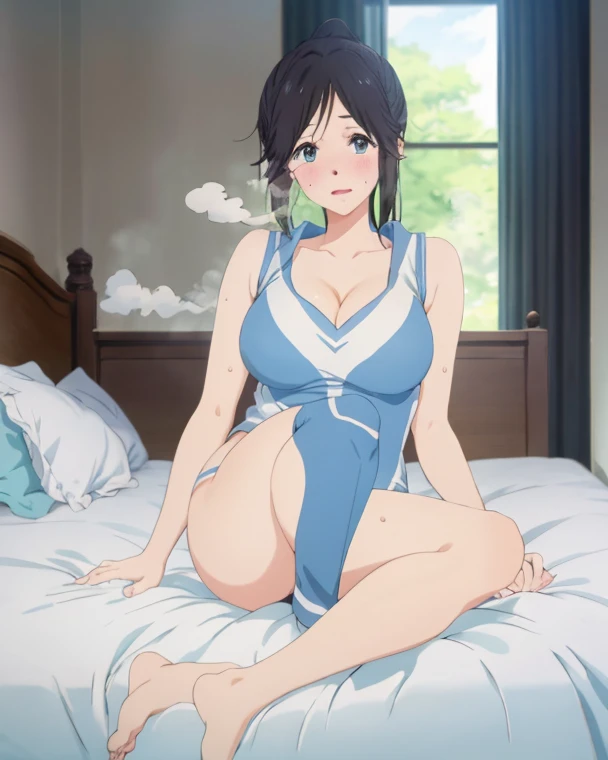 masterpiece, best quality, illustration, highly detailed, chitanda_eru, beautiful detailed eyes, cowboy shot, cleavage, blue school swimsuit