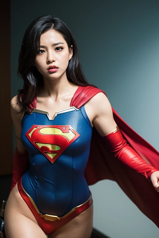 4K, (realistic:1.37), best quality, table top, Ultra A high resolution, Healthy skin tone, break, dynamic pose, alone, 21 years old, cinematic, fighting stance, (((she'I'm wearing DC'supergirl costume.))), The wind blows. Wear Bruma-style pants., ((S mark on chest)), my heart is open., Long Little Red Riding Hood, she의 아름다운 얼굴에 겁 없는 미소가 나타난다., Light brown short hair, elegant, Beautiful body like an athlete, (((매우 big bust))), ((Non-breaststroke)), I can see my belly button, 매우 윤기I am 지성 피부, big bust, big ass, open your legs, ((Please show me your panty line)), I am, In a city in ruins, break, Highly detailed beautiful eyes and face, Detailed fabric texture, 엄청나게 세밀하고 realistic 피부 질감, (The right balance of the body), Top-quality lighting that does not darken your face even when backlit, looking straight at the camera, low position camera shot,