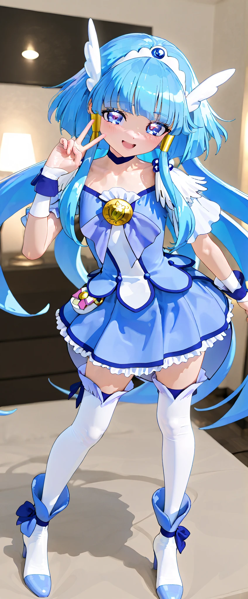 Left-facing, ((((Masterpiece)))), (((Best Quality))), (((Very Detailed))), Detailed Fingers, Illustration, 1 Girl, Solo, Long Sky Blue Hair, Violet Colored Eyes, Flower Hair Ornament, White Feather Hair Ornament, Yellow Moon Hair Ornament, Wide Open Chest, Large Breasts, Large White Ribbon at the Waist, Yellow Idol Dress, With White Flowers, Choker with Yellow Ribbon, White Gloves, White Tights, Yellow Shoes, MIKU, Royal Elegant Pose