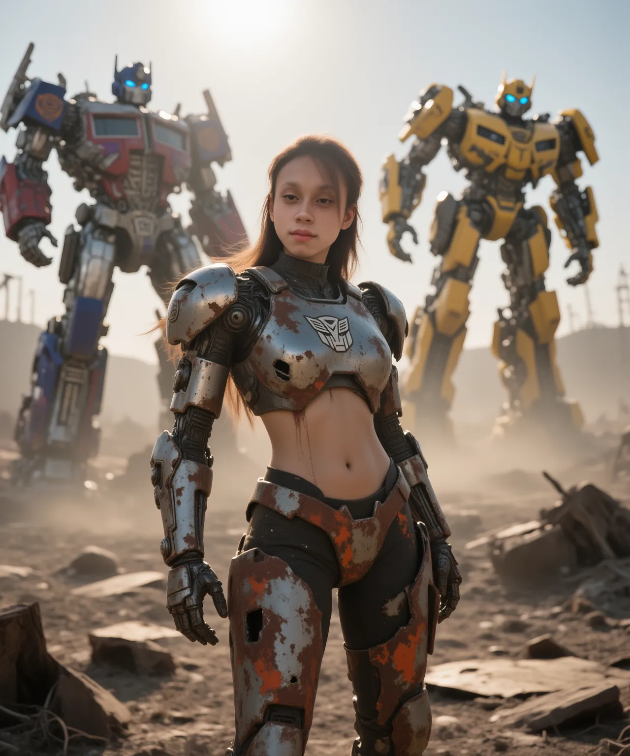 (Cinematic masterpiece, detailed blockbuster feel)There are beautiful women in the picture, and in the picture, there is a very large mechanical armor robot standing in the back, there is a very large mechanical battle suit standing in the back,fusion of Pacific Rim robot style and Gundam series robot style,fine structure, super high quality, perfect lighting, shadows, realistic proportions, metallic texture, best quality, art, masterpiece, illustration, color grading, emphasis on one-eighth rendering, trendding on artstation, 8K, detailed, super detail, anime, high detail, art station, art, sacred, movie, edge lighting, soft focus, light and dark contrast, best quality, movie lighting, super high definition, 3D rendering, game original art anime character concept design, 8K ,an overlord character who looks like she has bright blue eyes, in the style of futuristic spacecraft design, krenz cushart, dark silver and light silver, puzzle-like pieces, minolta srt-101, uhd image, impressive panoramas,Realistic, ultra-high resolution
