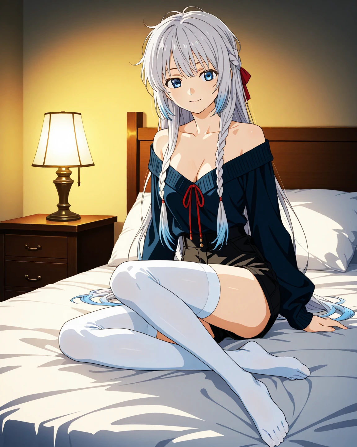 masterpiece, high res, detailed face, detailed eyes, 1 girl, solo, medium hair, white hair, spiked hair, red hair, evil smile, open mouth, fang, bangs, blue airband, white shirt, bare legs, crossed legs, sitting on the bed, looking at viewer, full body, cowboy shot. crossed legs, indoors, gothic bedroom vampire <lora:Sierra:1>