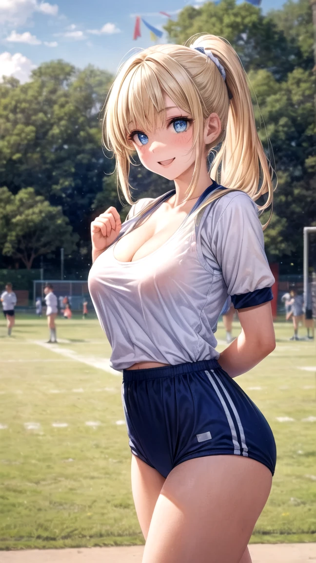 1womanl,Golden hair,14 year old beautiful breasts,(((white short sleeve gym uniform)),((Blue shorts、Smile with open mouth)),(((wet with sweat))),((( portlate))),Crowds,(()),((athletic field)),((())),outside of house,,Beautiful ponytail,(((Bra that can be seen through the tee shirt)))(())