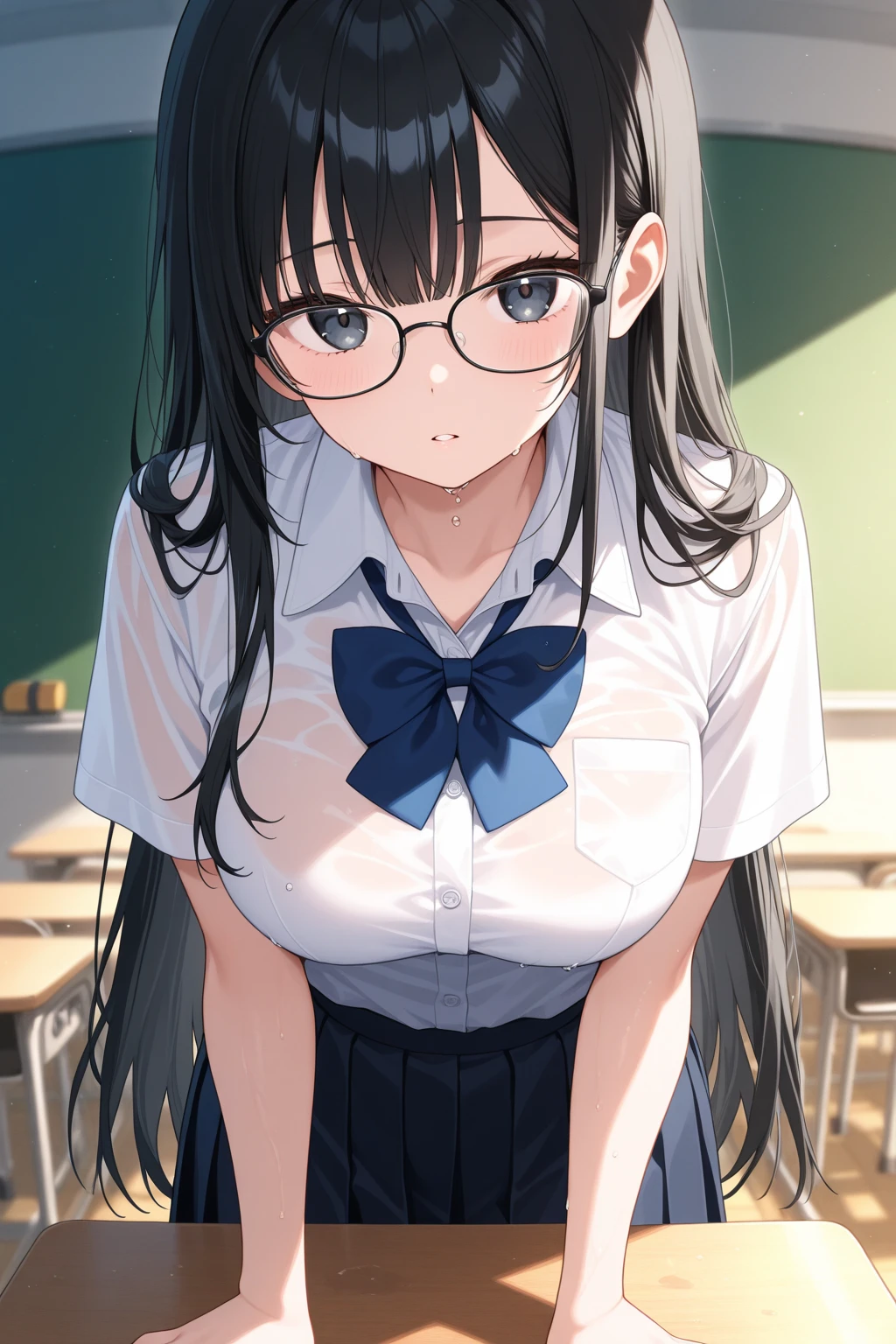 Create an anime-style illustration of a 17-year-old girl named Shizuka. She has long, straight, blue hair with bangs cut straight across her forehead. She has large, almond-shaped silver-blue eyes and porcelain-like white skin. Shizuka often wears glasses.Getting ready in the morning、Super big breasts、(Highest quality:1.4), (super high quality), (Very detailedな), 1 beautiful girl, So cute, (school uniform, Pleated mini skirt:1.5), (Very large breasts:1.1), (Slender body:1.1), (thin and delicate legs), Real skin texture, (Drop your bangs to the side), Bright and shiny lips, Advent of the Beautiful Goddess, Beautiful background, Golden Ratio, Conceptual Art, Very detailed, Accurate, Advanced Details, School classroom, Sexy Art, Bright light, Ultra-detailed illustration details, 8K wallpapers incorporating highly detailed CG, RAW Photos, Professional photos, Cinema Lighting, , (Nipple protrusions push up the uniform), Cropped tops, Long Hair