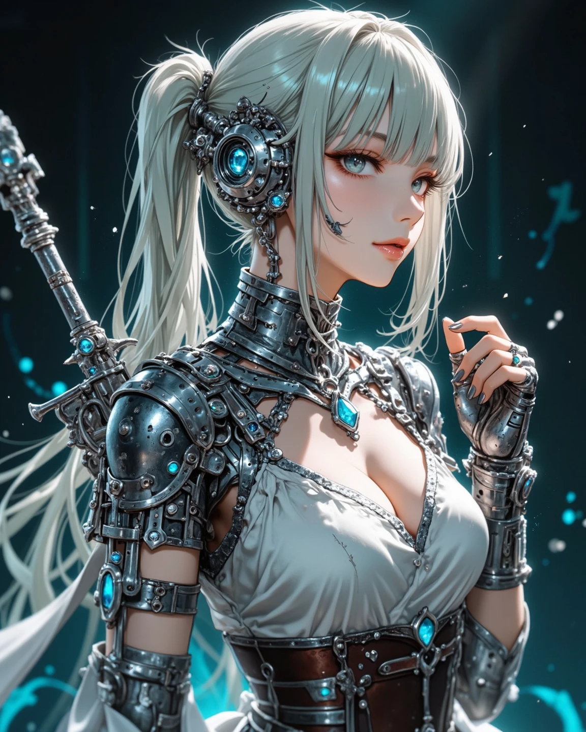 Ultra-detailed complex 3D rendering of the face, (masterpiece, top quality, octane rendering,), glamour shots full body image, very beautiful young elves, cleavage, (highly detailed skin: 1.2), (exposure: 1.1), ((blue micro bikini: 1.95)))). , 8k, (((very soft breasts)), (((conspicuous large pink areola)), beautiful Caucasian woman with white skin with full soft breasts with big buttocks, one, long braided hair, big breasts, dynamic angles, (((huge breasts: 2.4)), ultra-realistic photos, ((((((silver hair)))), futuristic urban background, facial muscles, (((((detailed and glamorous silver crown)))), In the style of Marvel Comics, ArtStation Trends, Clear Focus, Intricate Details, Very Detailed, Detailed Green Eyes, Sharp Focus, Digital Rendering, Professional, Abs, Lip Gloss, Glossy Skin, Sexy Pose, Golden Tattoo All Over Body, Silver Pattern All Over Body, Silver Lame Skin, Gold Glitter Skin, Mansuji, Buttocks, Jeweled All Over the Body, with silver scales, silver hair,