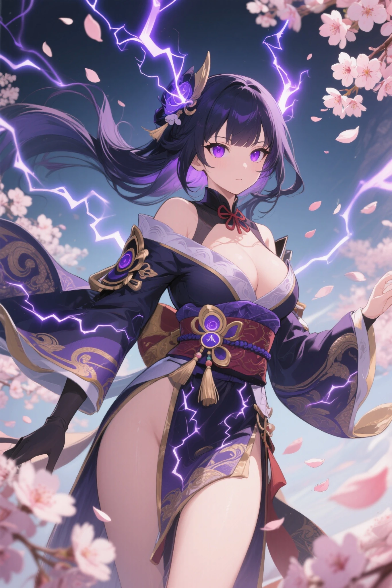 ((Image from the waist up:1.4))Japanese Shrines, (Highest quality，Realistic,masterpiece:1.2，8k wallpaper:1.2)，((Pale skin))，One Girl，women only，((raidenshogndef))((Genshin Impact，General Raiden))，Lightning Particles，Purple Lightning，Light background，cherry blossoms，Purple Theme，Delicate facial features，Sexy and beautiful anime girls，General Raiden，Long purple hair，Rosy lips，Anime Mouth，large breasts, Beautiful cleavage,Slender figure、Thin legs、smile