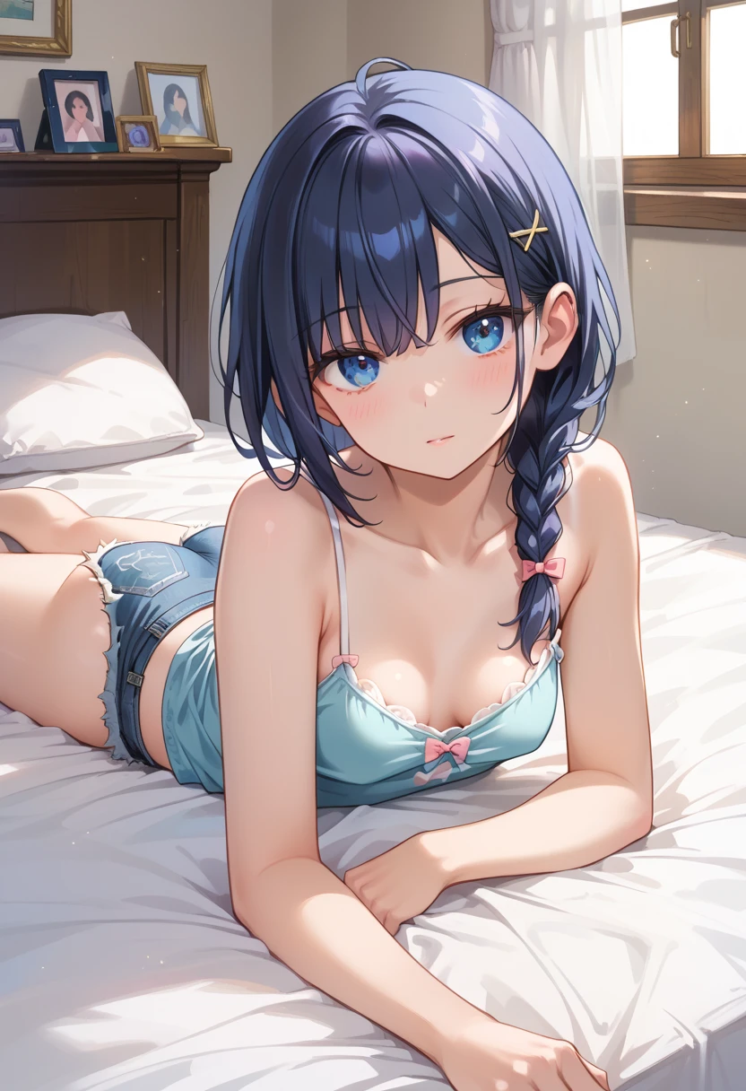 (nsfw:1)　short stature, best_quality, light purple Hair, loli, Small tits, petit girl, thigh high, mignon, Child's body shape, Obra-prima, 1girl, medium hair, {{{cameltoe}}}, see-through, beautiful detailed eyes, straight cut bangs, (detailed hands, detailed hand anatomy), moe, (toddler:1.5), armpit, sidelocks, on back, (tareme), white school suim suit, pony tail, fetal position, anime, cowboy shot, 16k