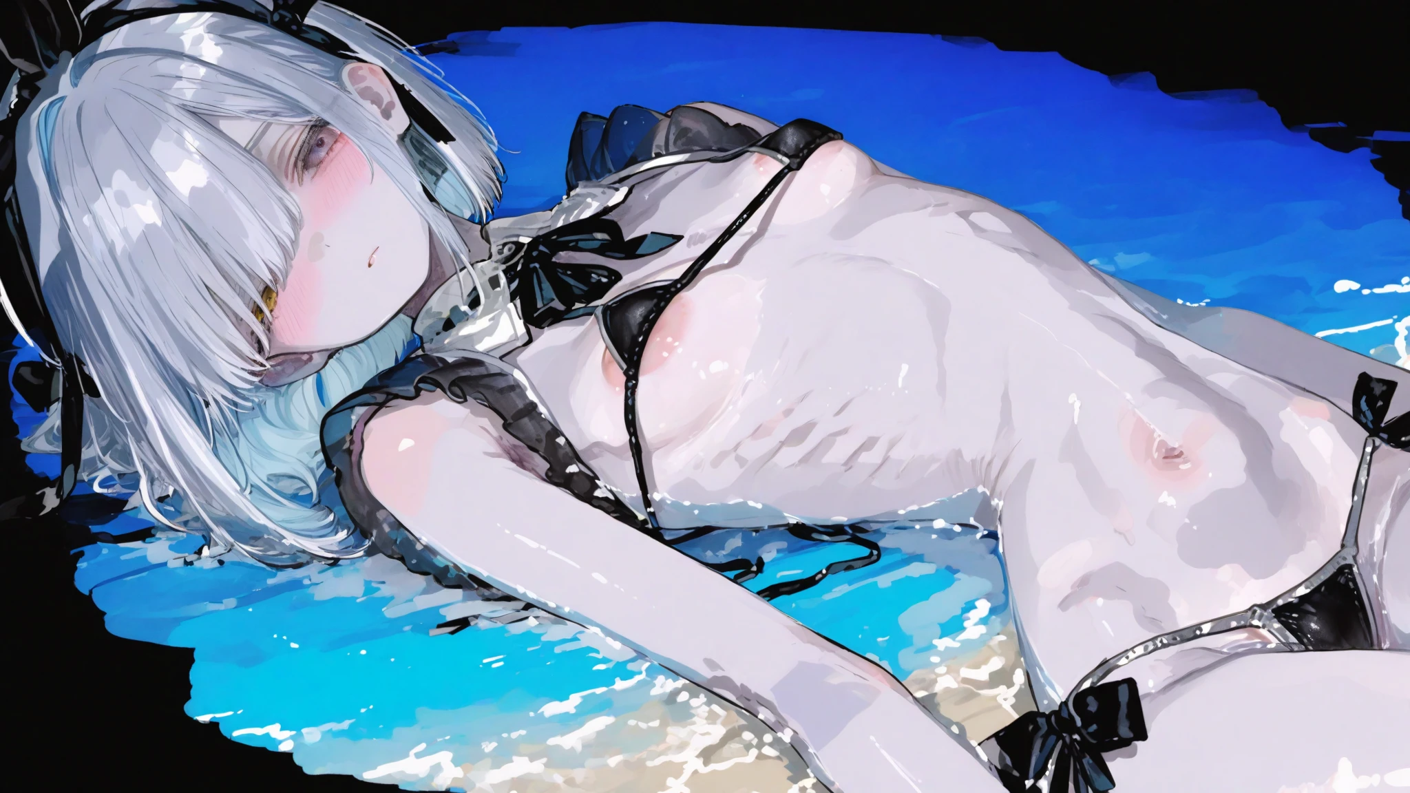 highest quality, masterpiece, One girl, whole body, Very delicate and beautiful girl, 8k wallpaper, Beautiful fine details, Beautiful sparkle, Cinema Lighting、(Silver Hair、Long Hair、ponytail)、Aqua blue eyes、Slender body、Accentuate your lean body、(( black micro thong, g-strings)), (Pink pointy nipples、No areola、Invisible areola)、(cameltoe),  Bend your knees、Sit on the floor with your legs together、With your knees on the floor、The entire forehead is visible、Long Bangs、