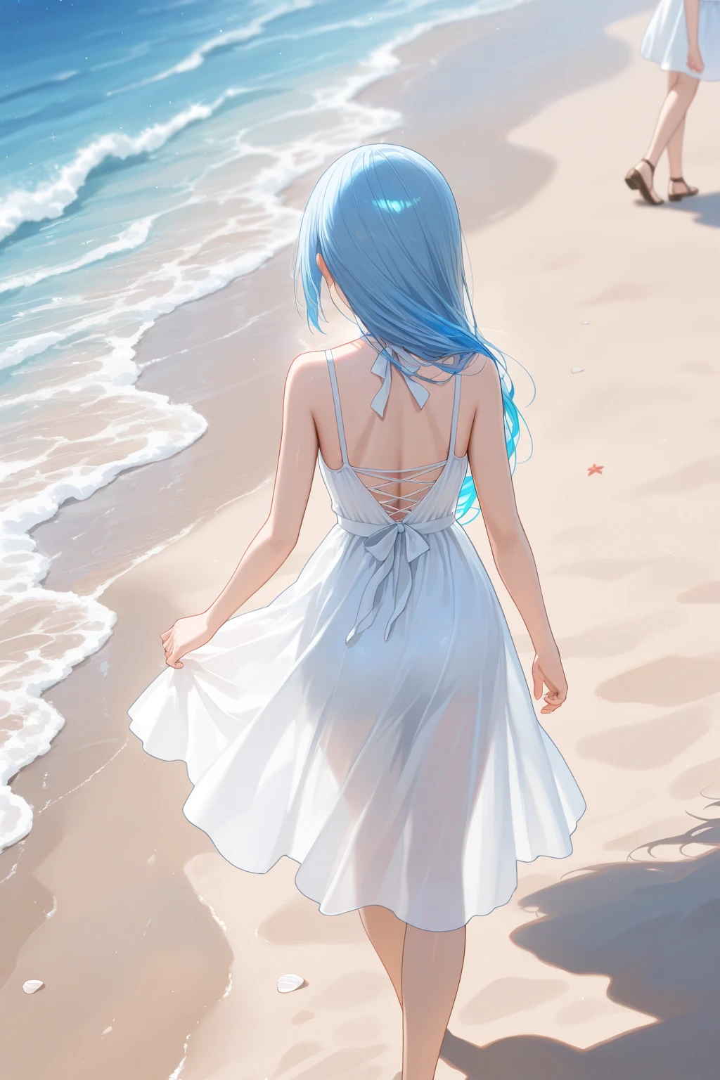 beautiful girl profile Degree up White sand beach Transparent blue sea