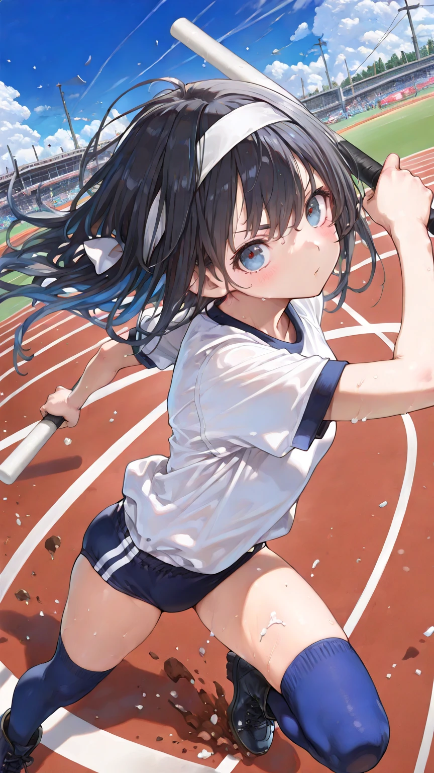 Very cute short loli, adolescent, (showing both armpits :1.2), (short height, , , Loli), (masterpiece, realistic, best quality:1), light, (detailed face, detailed eyes, detailed hair:1.1), ultra detailed, 8k, intricate details, 1girl, solo, anime, looking at viewer, (small  girl, , side pits, sweat drips armpits, cute and petite:1.4), (exercising, running marathon, sports wear, gym clothes, track uniform, sweating profusely:1.3) cute flower headband, wearing rose necklace under the collarbone, detailed face, (red ruby eyes, very detailed eyes), very long black hair, elegant, brave and positive smile to viewer, pointing to viewer, eyes blinking at viewer, (on running track, school background at daylight:1.2)