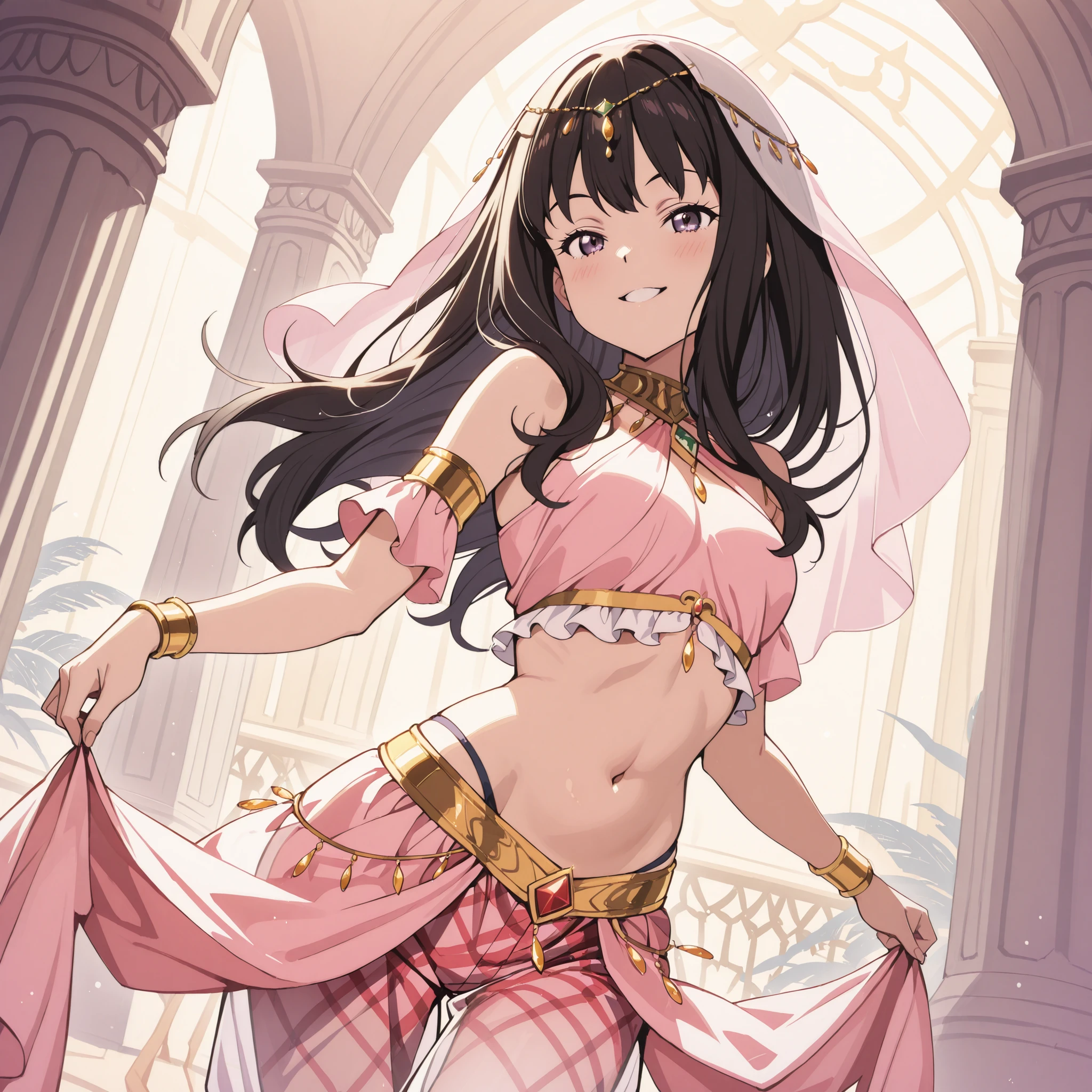 1girl:1 . 5) , (Seul:1 . 5) , score_9 , score_8_haut , score_7_haut , source_anime , Official work , ultra-detailed , masterpiece , best quality plaid shorts , high res , beaux yeux , detailed eyes , Detailed Face , beautiful detailed eyes ,Lycoris Recoil, Inoue Takina , Arabian Clothes , Arabian Dancer ,belly dancer costume , veil , golden jewelery,harem outfit, harem skirt, transparent pants, belly dancing, harem veil , arabian garden , seductive smile, dancing with veil, dynamic movement, seductive pose