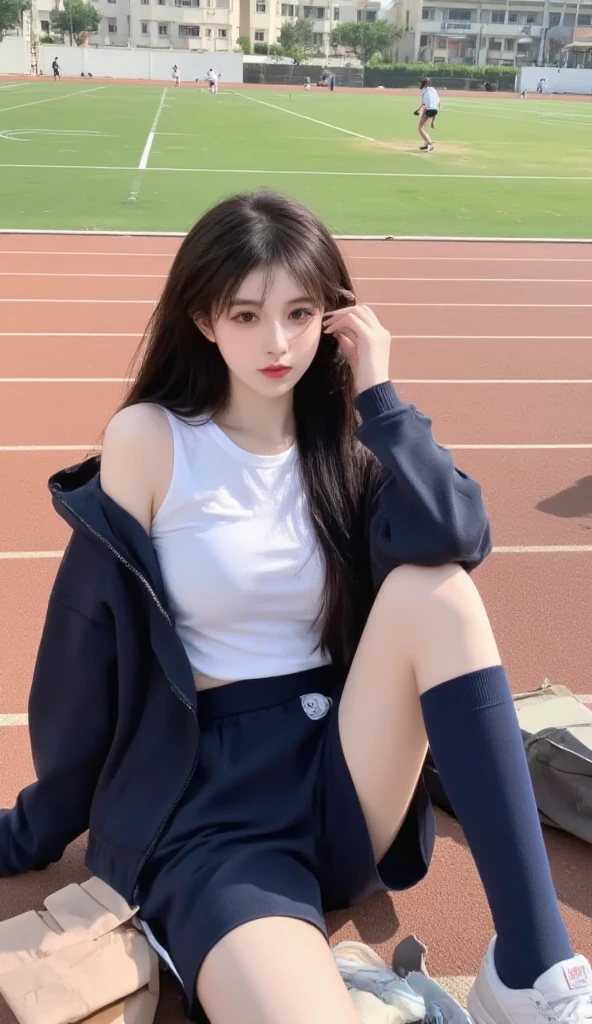 Absurd, Masterpiece, Best Quality, Realistic, Ultra Detail, (Shiny Skin, Sweat: 1.4), Slim, Gaze Viewer, 1Girl, Solo, Tennis Wear, White Polo Shirt, White Sneakers, White Miniskirt, Long Hair, Silver Hair, Blue Eyes, (Thick Thighs: 0.5), Dynamic Lighting, High Resolution, Sharp Focus, Depth of Field, Small Breasts