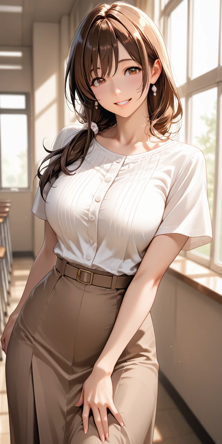 (masterpiece:1.2, highest quality), (realistic, photorealistic:1.4), beautiful illustrations, (natural side lighting, movie lighting), Depth of written boundary, 
looking at the viewer,Front view, 1 girl, English, OL, 30 years old, suit、wearing a jacket、shirt with wide open chest、perfect face, Cute symmetrical face, shiny skin, 
random hairstyles、Big eyes, droopy eyes, long eyelashes chest), thin, beautiful thighs、Tall beautiful hair, beautiful face, fine and beautiful eyes, beautiful clavicle, beautiful body, beautiful breasts, beautiful thighs, beautiful feet, beautiful fingers, 
((fine fabric texture)), 
(beautiful scenery), evening, (The document warehouse is the background), Are standing, (smile),  (((skirt lift, Panties and pantyhose are visible)))