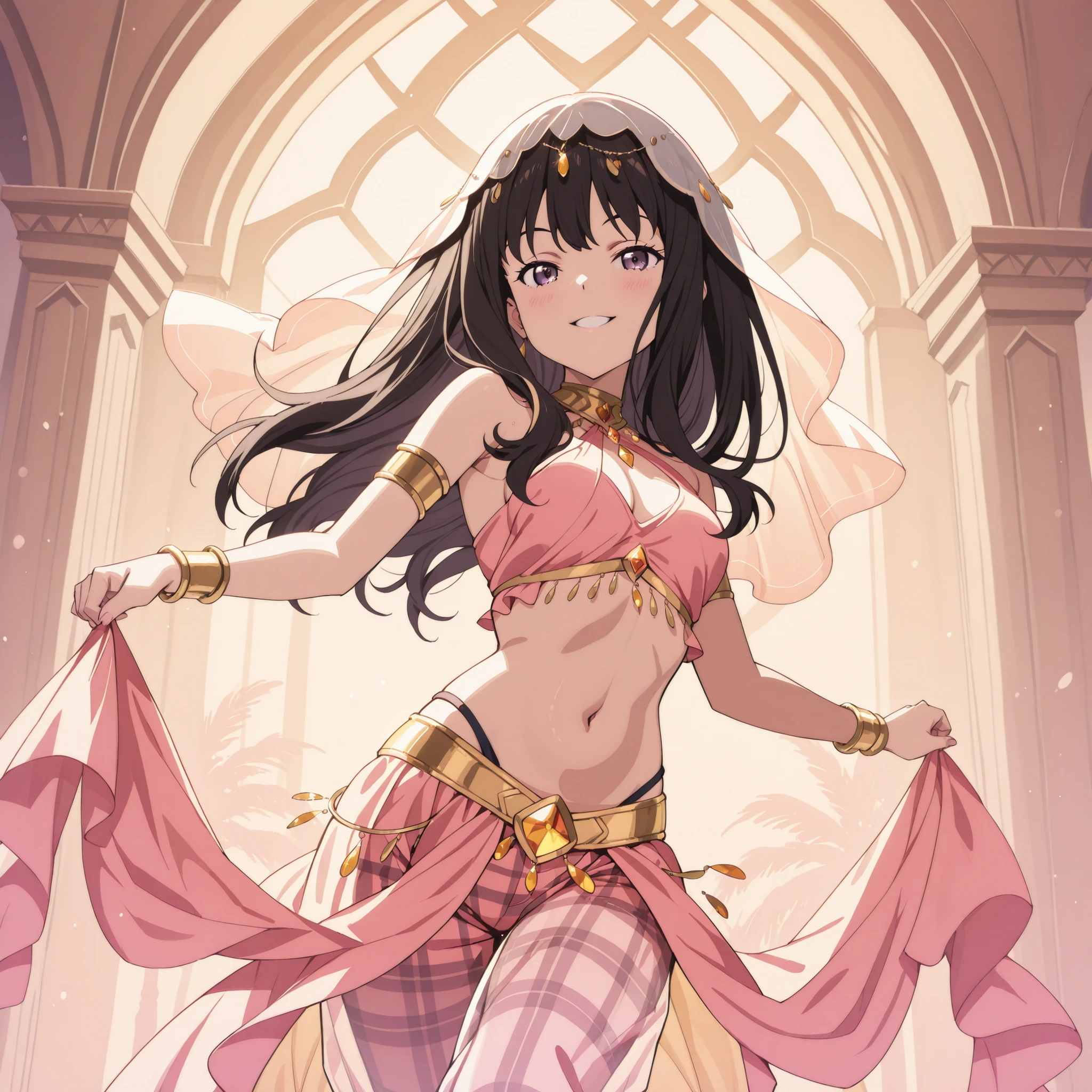 1girl:1 . 5) , (Seul:1 . 5) , score_9 , score_8_haut , score_7_haut , source_anime , Official work  , ultra-detailed , masterpiece , best quality plaid shorts , high res , beaux yeux , detailed eyes , Detailed Face , beautiful detailed eyes ,Lycoris Recoil, Inoue Takina , Arabian Clothes , Arabian Dancer ,belly dancer costume ,  veil , golden jewelery,harem outfit, harem skirt, transparent pants, belly dancing, harem veil ,  arabian garden , seductive smile, dancing with veil, dynamic movement, seductive pose