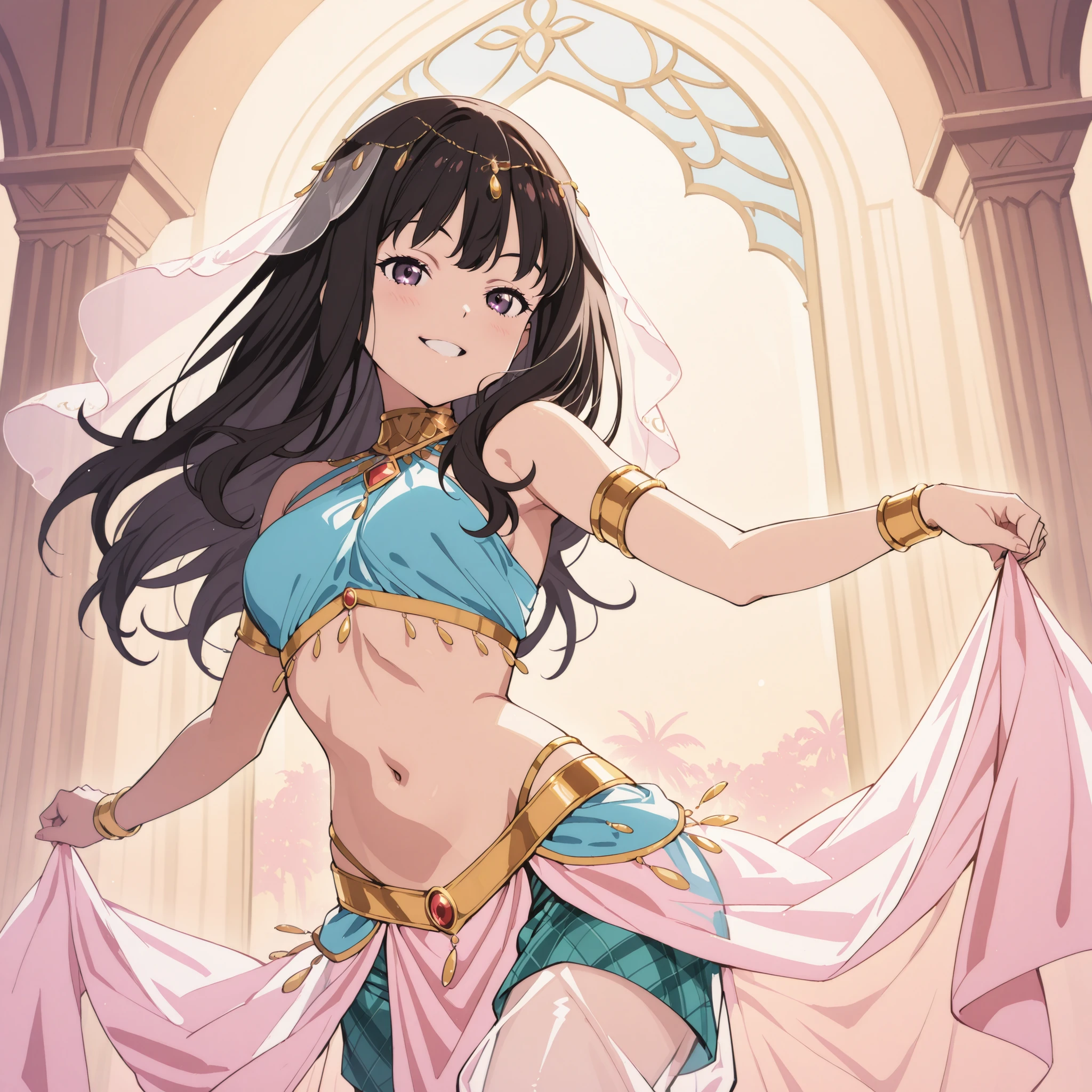 1girl:1 . 5) , (Seul:1 . 5) , score_9 , score_8_haut , score_7_haut , source_anime , Official work , ultra-detailed , masterpiece , best quality plaid shorts , high res , beaux yeux , detailed eyes , Detailed Face , beautiful detailed eyes ,Lycoris Recoil, Inoue Takina , Arabian Clothes , Arabian Dancer ,belly dancer costume , veil , golden jewelery,harem outfit, harem skirt, transparent pants, belly dancing, harem veil , arabian garden , seductive smile, dancing with veil, dynamic movement, seductive pose