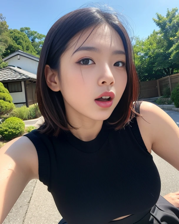 (highest quality、8k、32K、masterpiece、Hmm:1.2)、photo of cute japanese woman、black short hair、beautiful face、(leaning forward:1.3)、squat、(From above:1.2)、(Close-up:1.4)、throw、loose t-shirt、big and full breasts、(Beautiful breasts:0.9)、outside the house、Wind、shiny skin、blurred background、in the mountains、stare at me