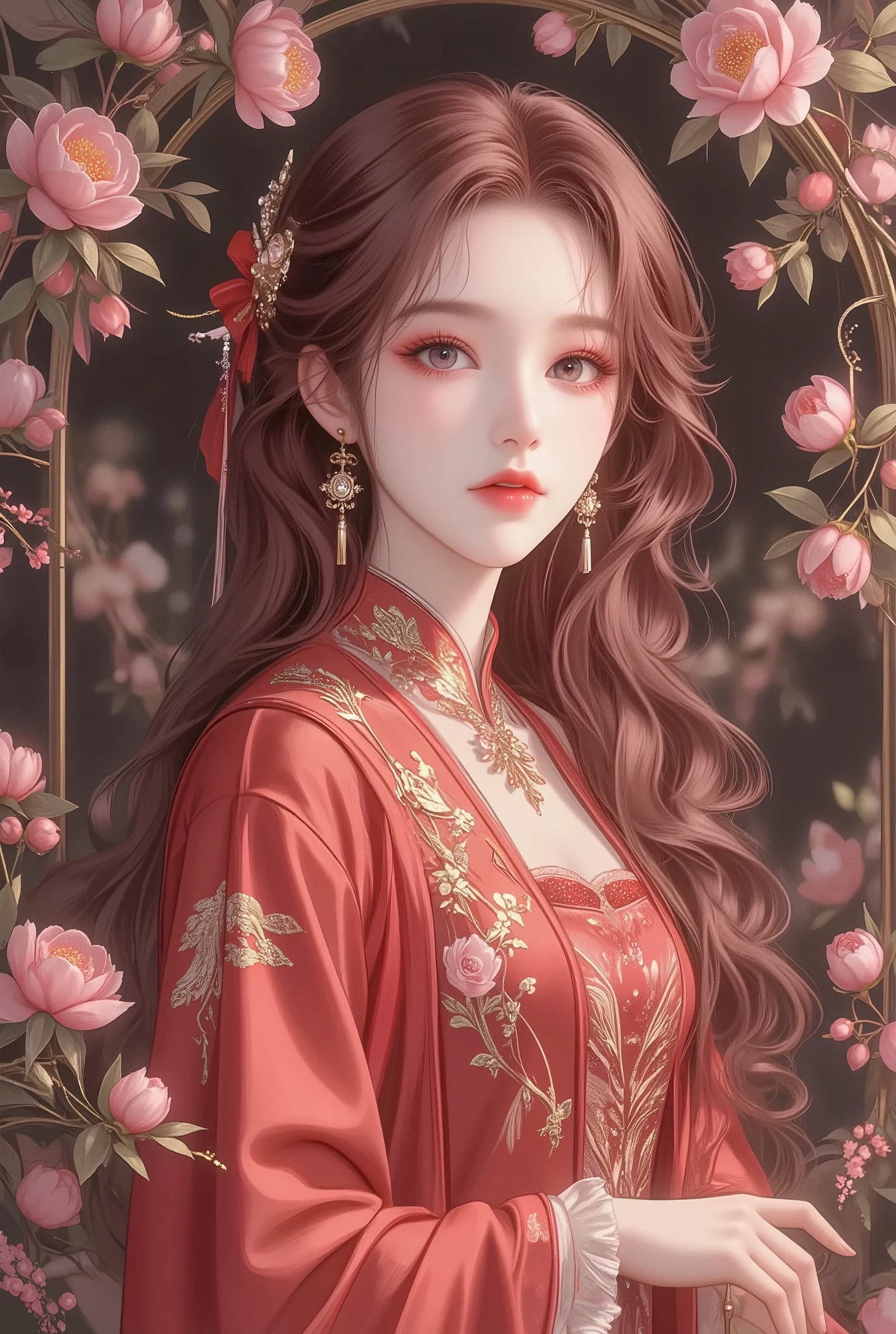Girl in Red Antique Chinese Dress,Full body,Flower background