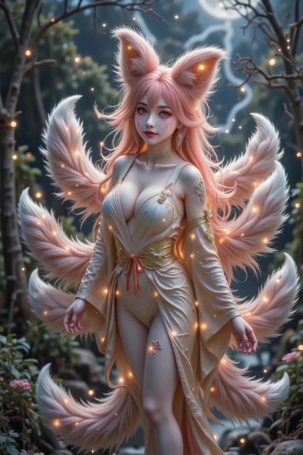 facial lighting,Luz de fondo brillante,senos medianos,Super High Resolution,La mejor calidad,Fotos,4k,(realista:1.2),
1 girl,Lindo,cosplay,Ahri (League of Legends),Mirando al espectador,(senos moderados:1.1),Nueve colas,long ears,ojos verdes,(Cabello largo y ondulado:1.2),tocado blanco y dorado,Vestido Qipao rojo y dorado,(Medias hasta el muslo:1.3),Tacones altos rojos,Pulseras rojas y doradas,en un bosque iluminado por la luna,
