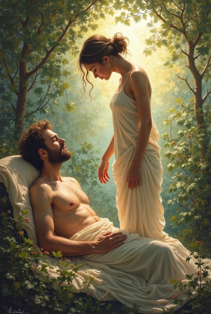  (masterpiece:1.3), (best quality:1.3), Venus and Adonis, in the green mountain-side