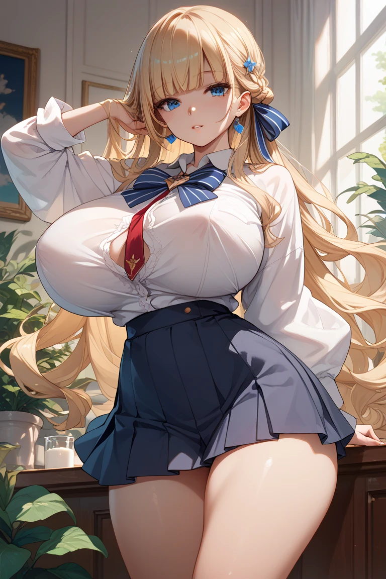 (masterpiece:1.2、Highest quality、Tmasterpiece)、1 female、alone、classroom、Day、(Are standing)、whole body、blonde、ponytail、blue eyes、(Sailor suit:1.4)、(Dark Skin:1.4)、Big Breasts、Long sleeve、corset、Earrings、lipstick、(Fishnet tights:1.2)、Sweaty、choker、Scrunchie、mini skirt、blush、Covered breasts、Bangs braids、(Thick lips:1.2)