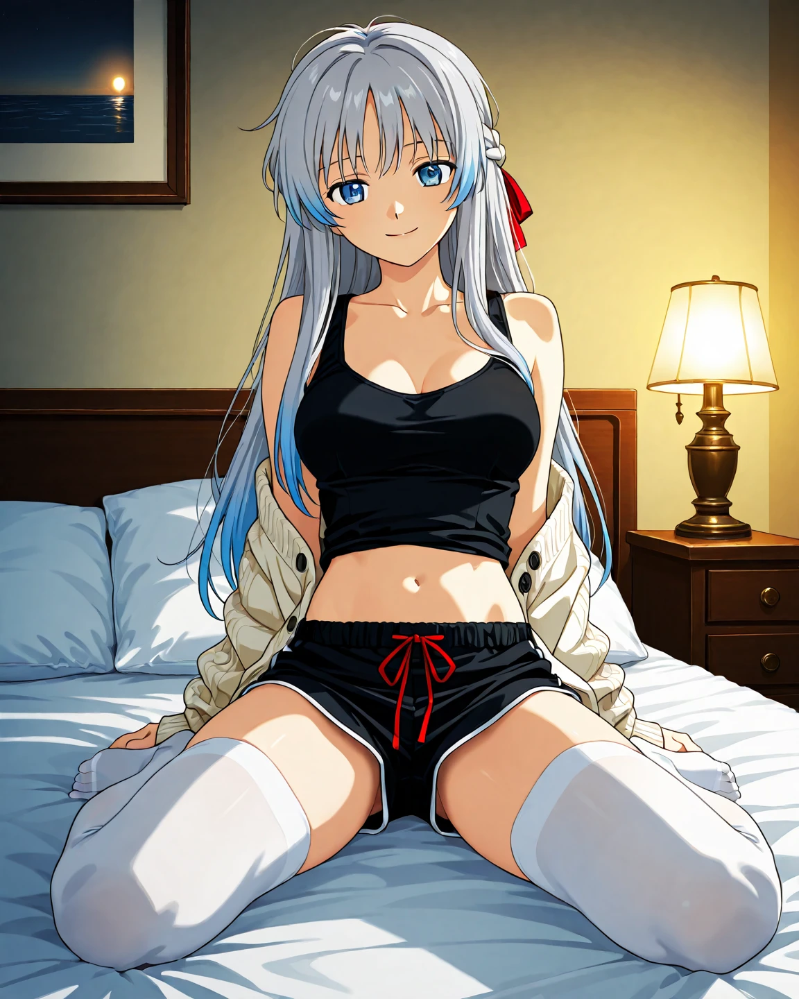 silver hair,blue eyes,pointy ears,elf,((white top-tank,black shorts)),sitting on the bed, ((split legs))
